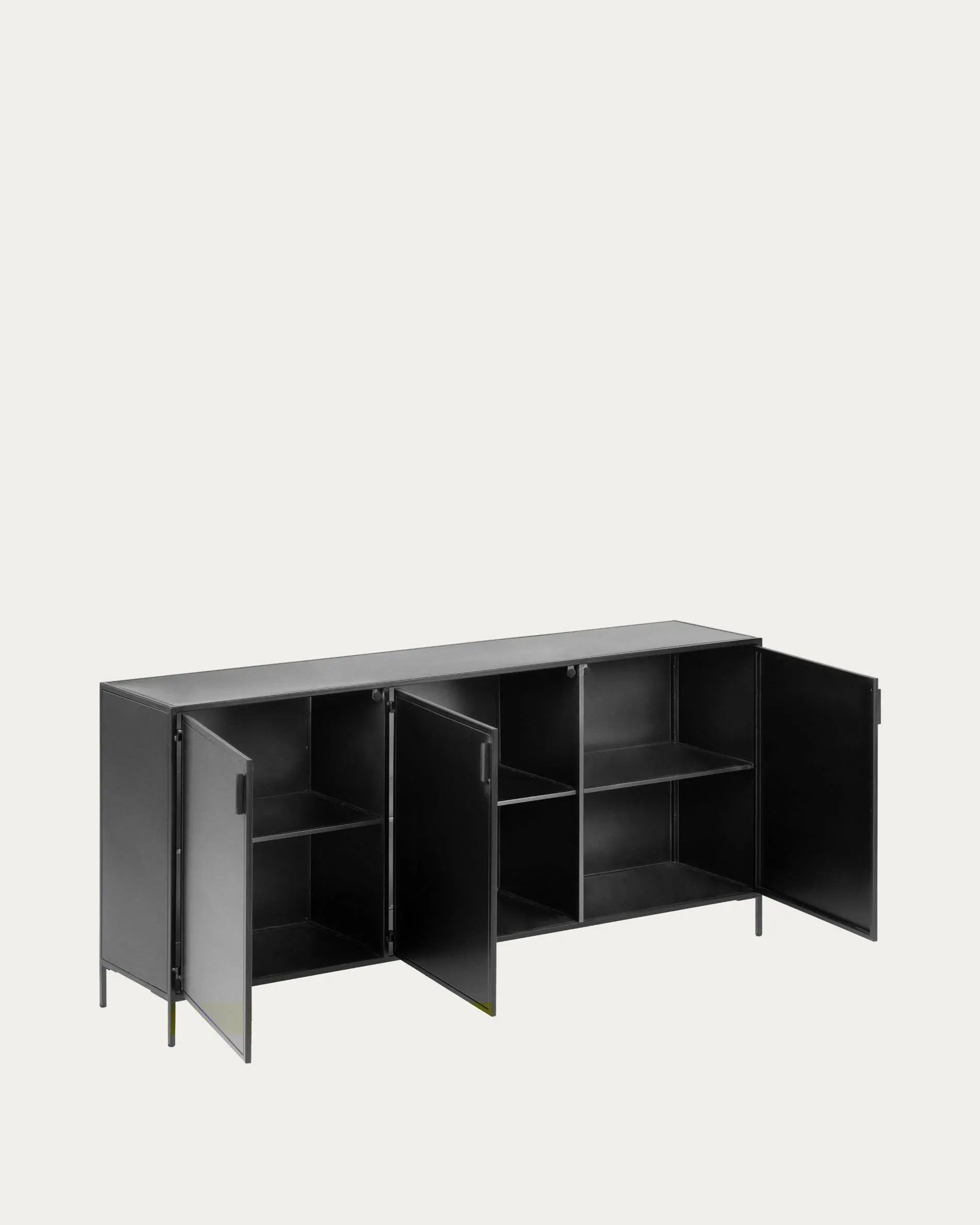 Elegantes Sideboard aus schwarzem Stahl, 160x72 cm, mit 3 Türen. Perfekt für stilvollen Stauraum im Industrial Design.