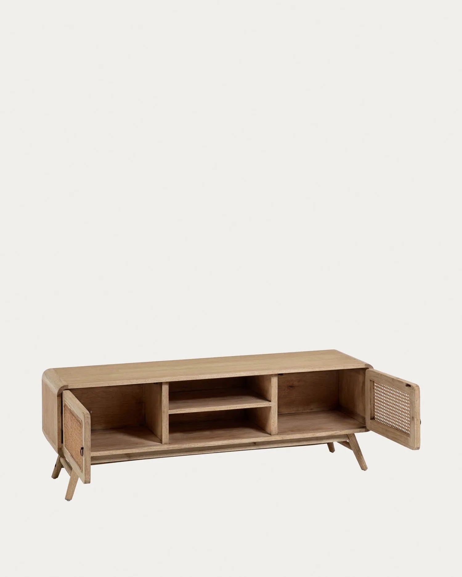 Eleganter TV-Schrank aus Mindiholz und Rattan, 150x50 cm, vereint rustikalen Charme mit modernem Design für stilvolle Wohnräume.