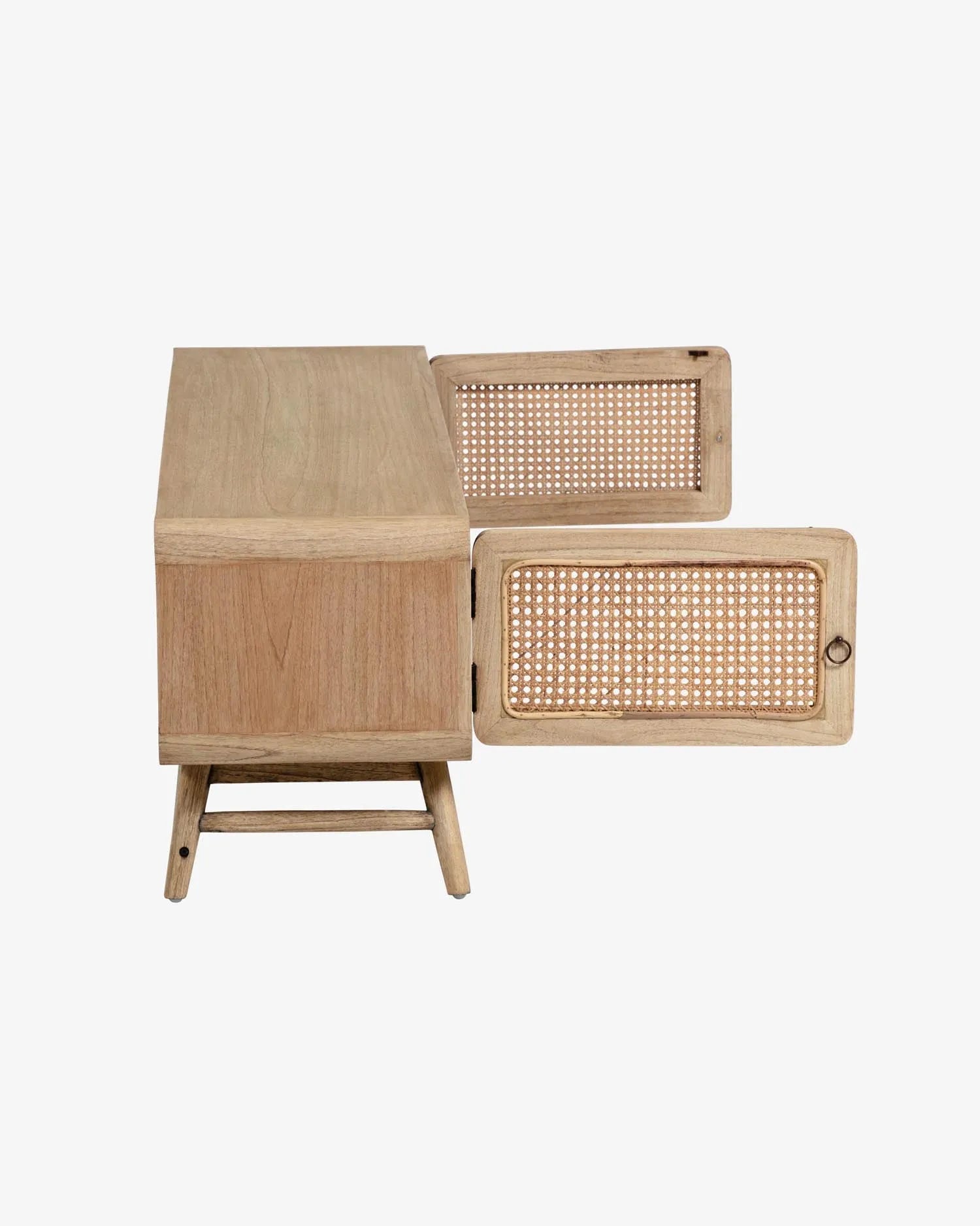 Eleganter TV-Schrank aus Mindiholz und Rattan, 150x50 cm, vereint rustikalen Charme mit modernem Design für stilvolle Wohnräume.