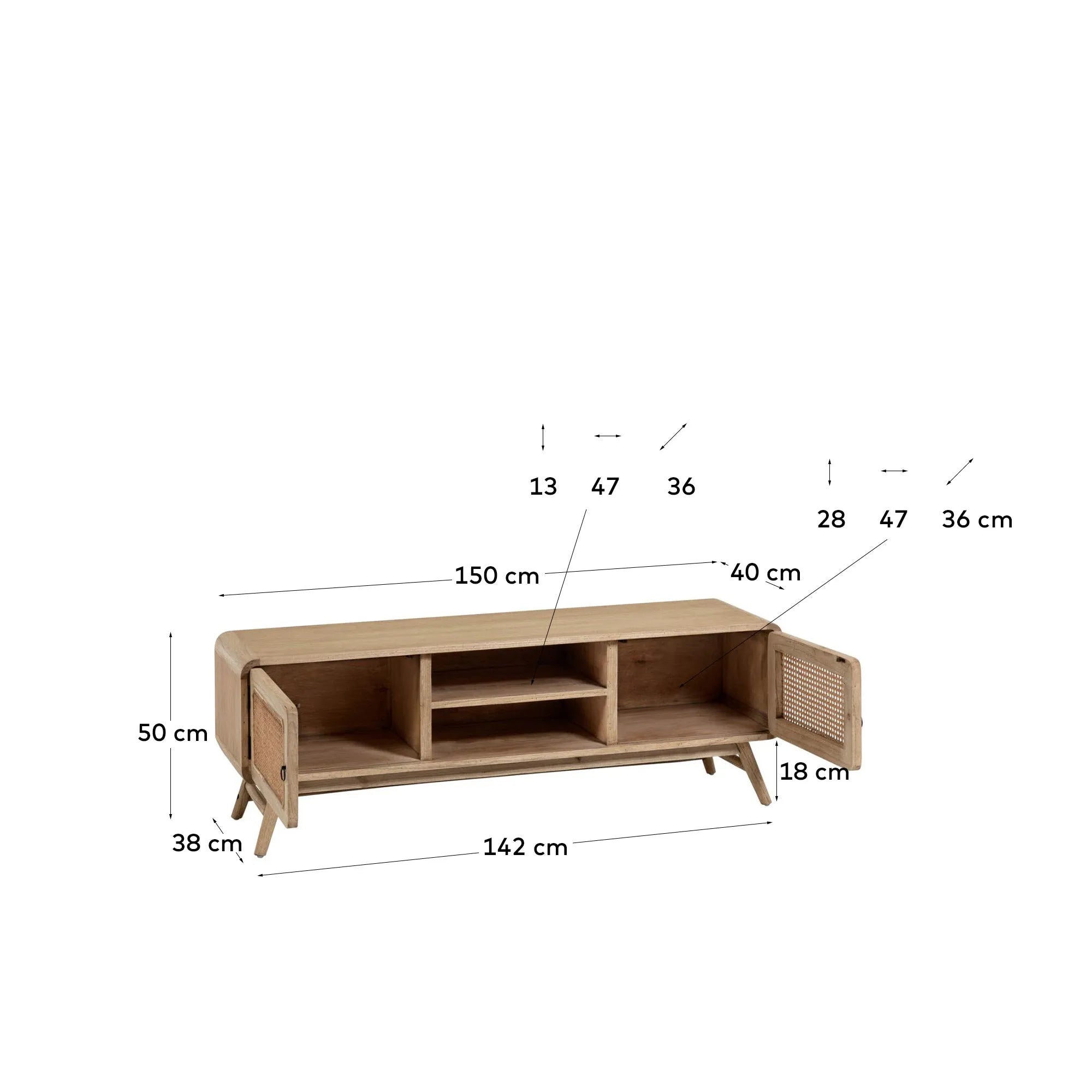 Eleganter TV-Schrank aus Mindiholz und Rattan, 150x50 cm, vereint rustikalen Charme mit modernem Design für stilvolle Wohnräume.