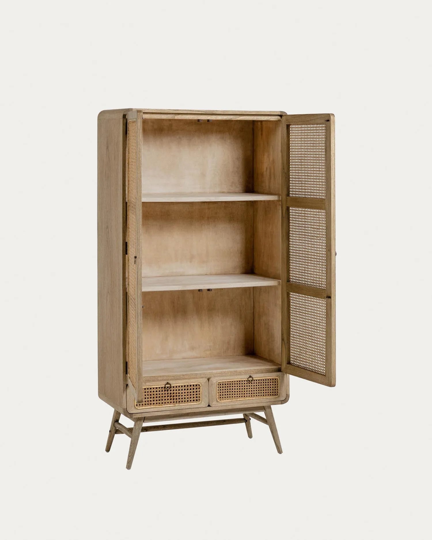 Eleganter Schrank aus Mindi-Holz und Rattan, 90x175 cm, bietet stilvollen Stauraum mit nachhaltigem Design.