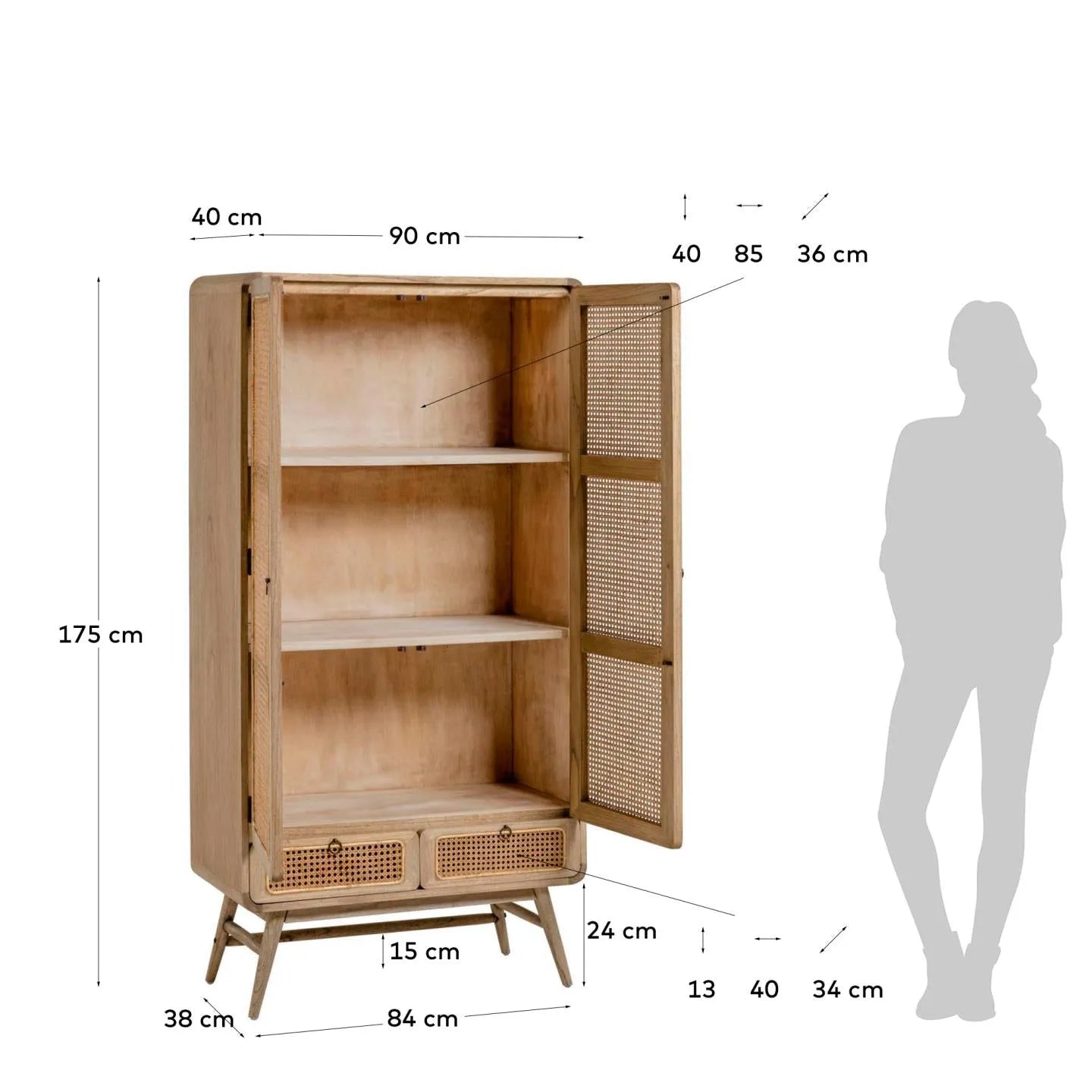Eleganter Schrank aus Mindi-Holz und Rattan, 90x175 cm, bietet stilvollen Stauraum mit nachhaltigem Design.