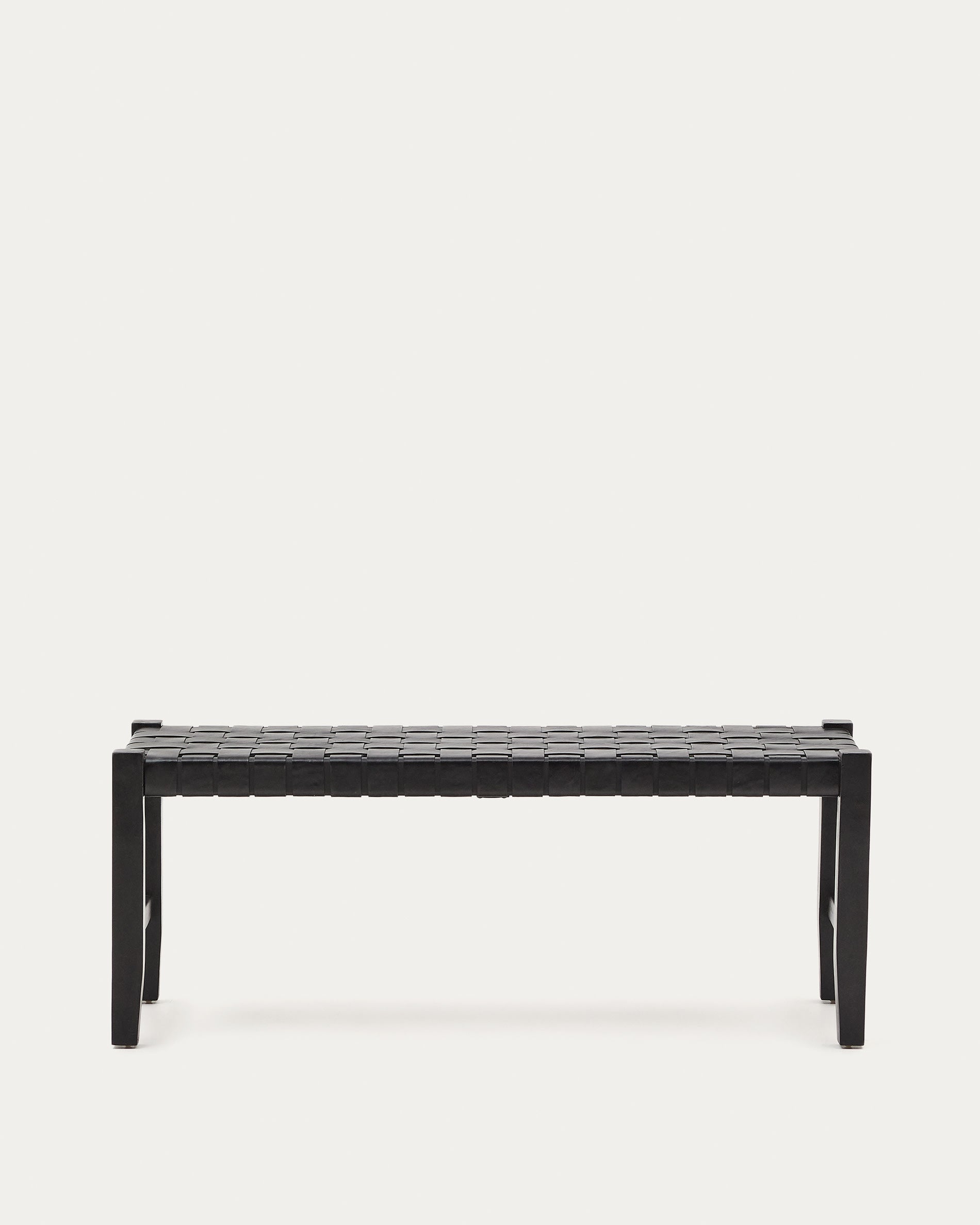 Elegante Calixta Bank: 120 cm, Leder, massives Mahagoni, schwarzes Finish, ideal für stilvolle und moderne Inneneinrichtungen.