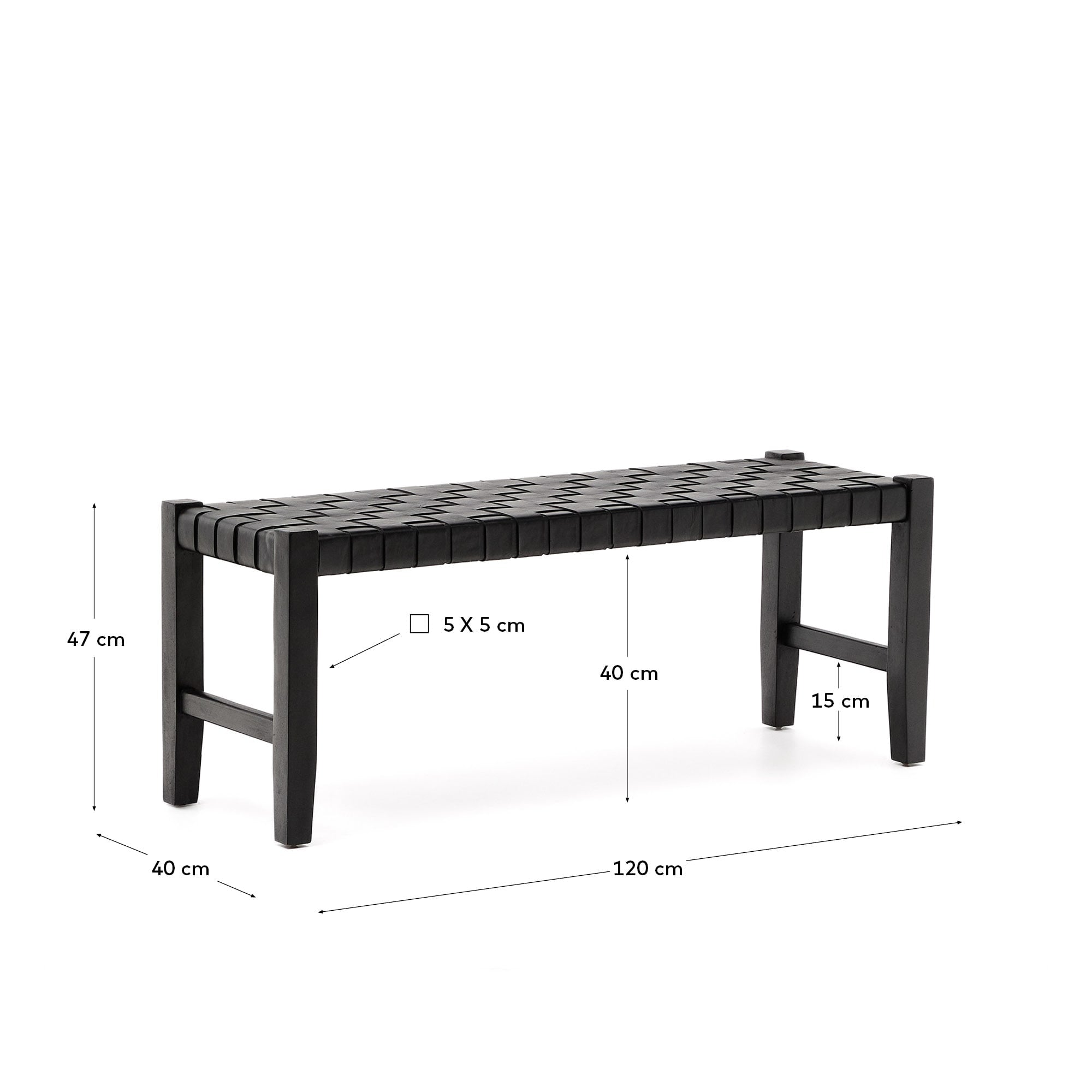 Calixta Bank: 120 cm, Leder, massives Mahagoni, schwarzes Finish, perfekt für moderne und elegante Wohnräume.