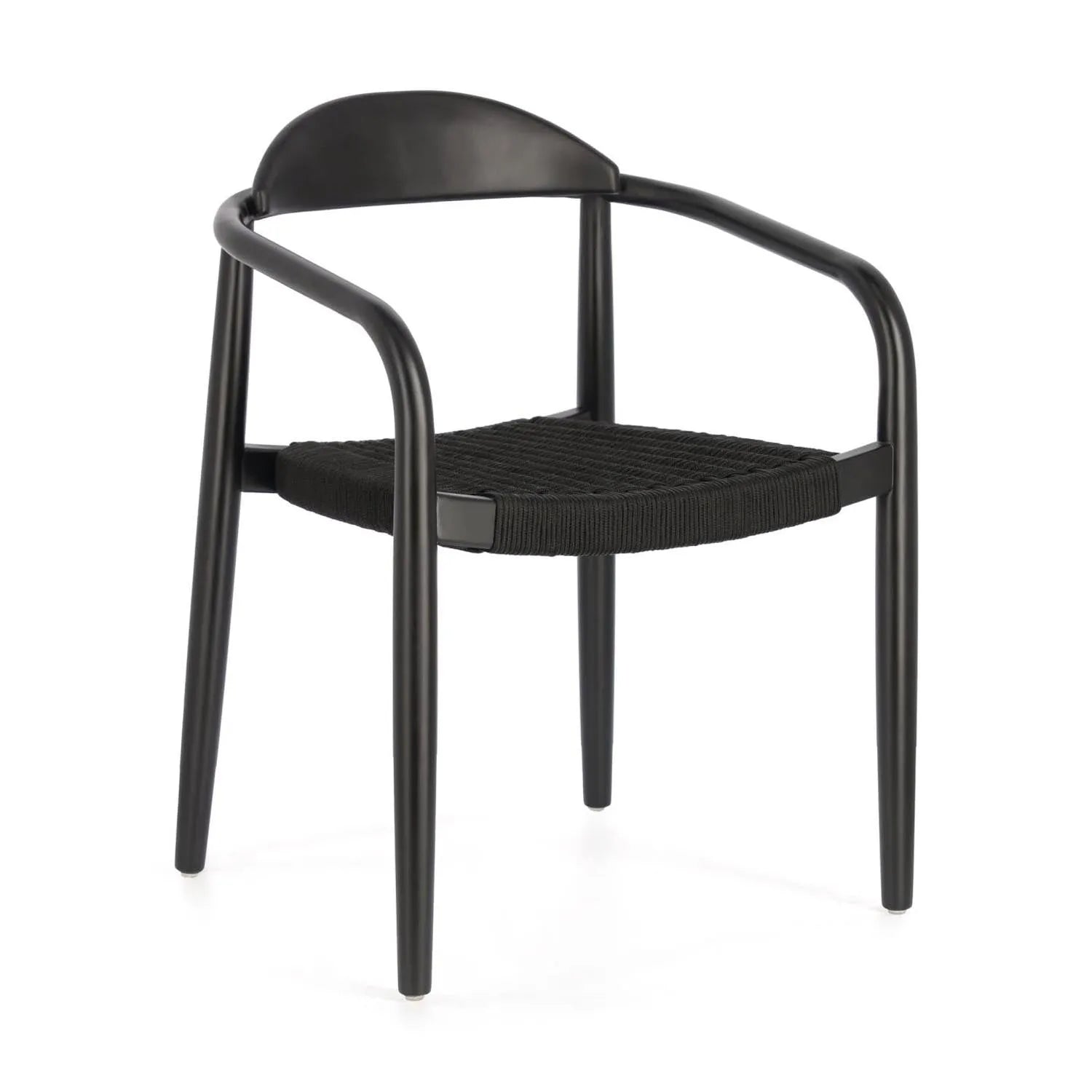 3D-Modell eines stapelbaren Akazienholzstuhls mit mattschwarzem Finish und schwarzem Seil, für drinnen und draußen.
