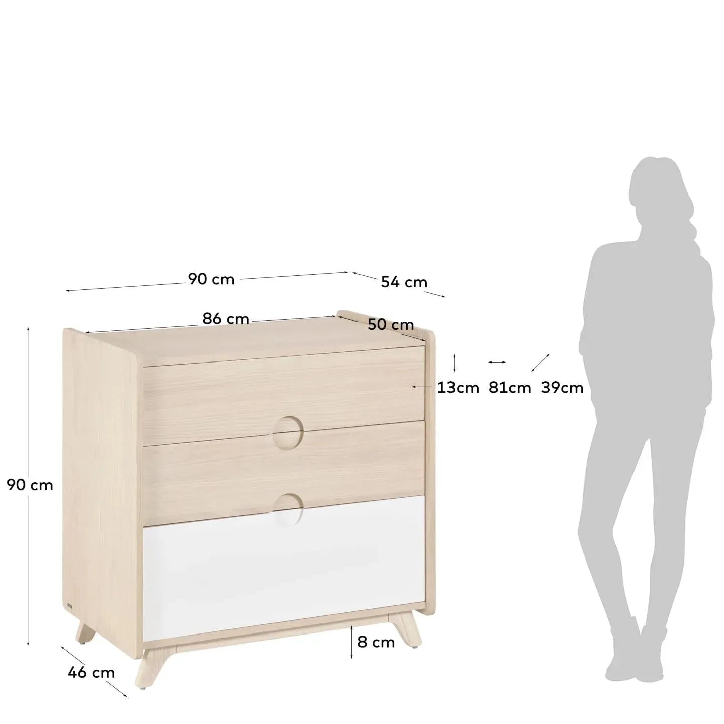 Die Nunila Kommode von Kave Home, 90x90 cm, kombiniert Eschenfurnier und massives Eschenholz für stilvolle und praktische Aufbewahrung.