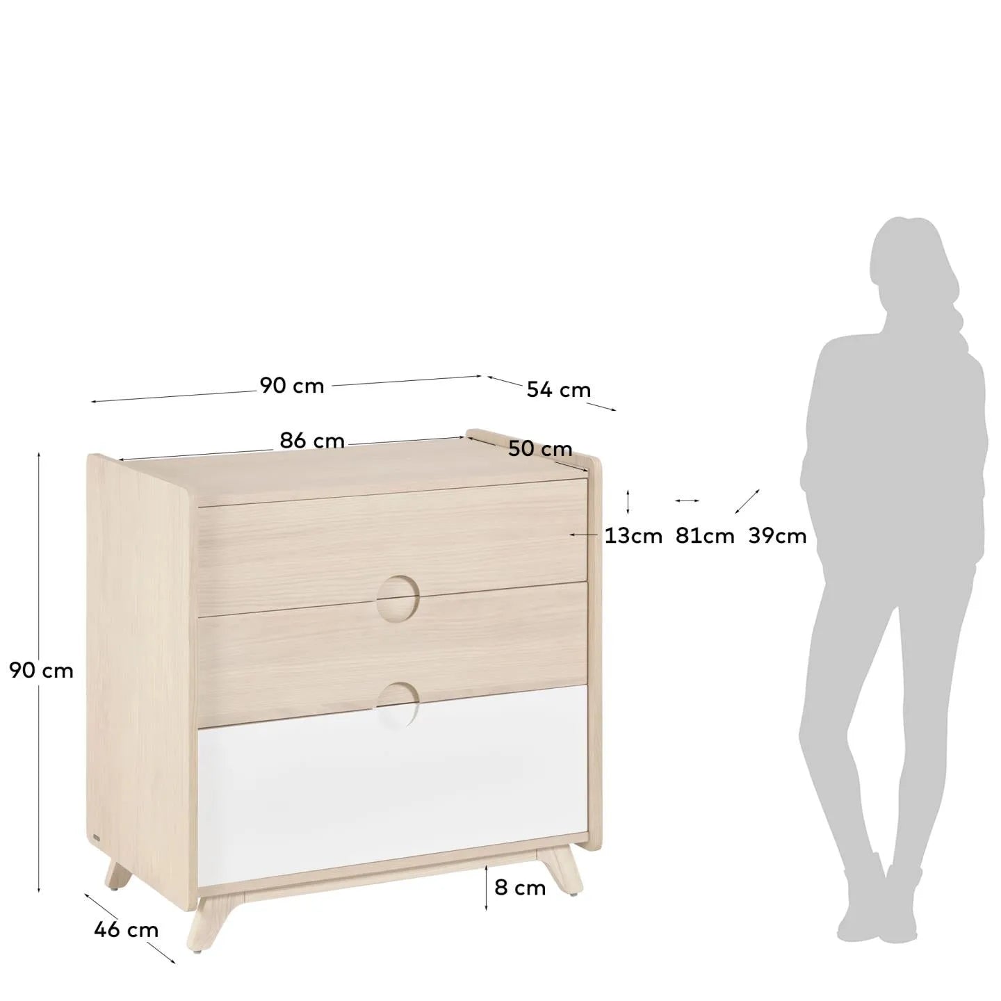 Elegante Kommode aus Eschenfurnier mit massiven Eschenholzbeinen, 90x90 cm, bietet stilvollen Stauraum für jeden Raum.