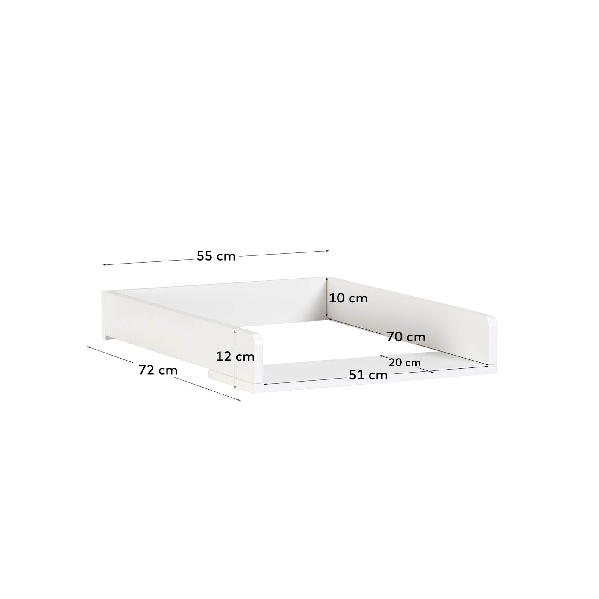 Praktischer Wickelaufsatz aus weißem MDF, 72x55 cm, von Kave Home. Perfekt für komfortables und sicheres Wickeln.