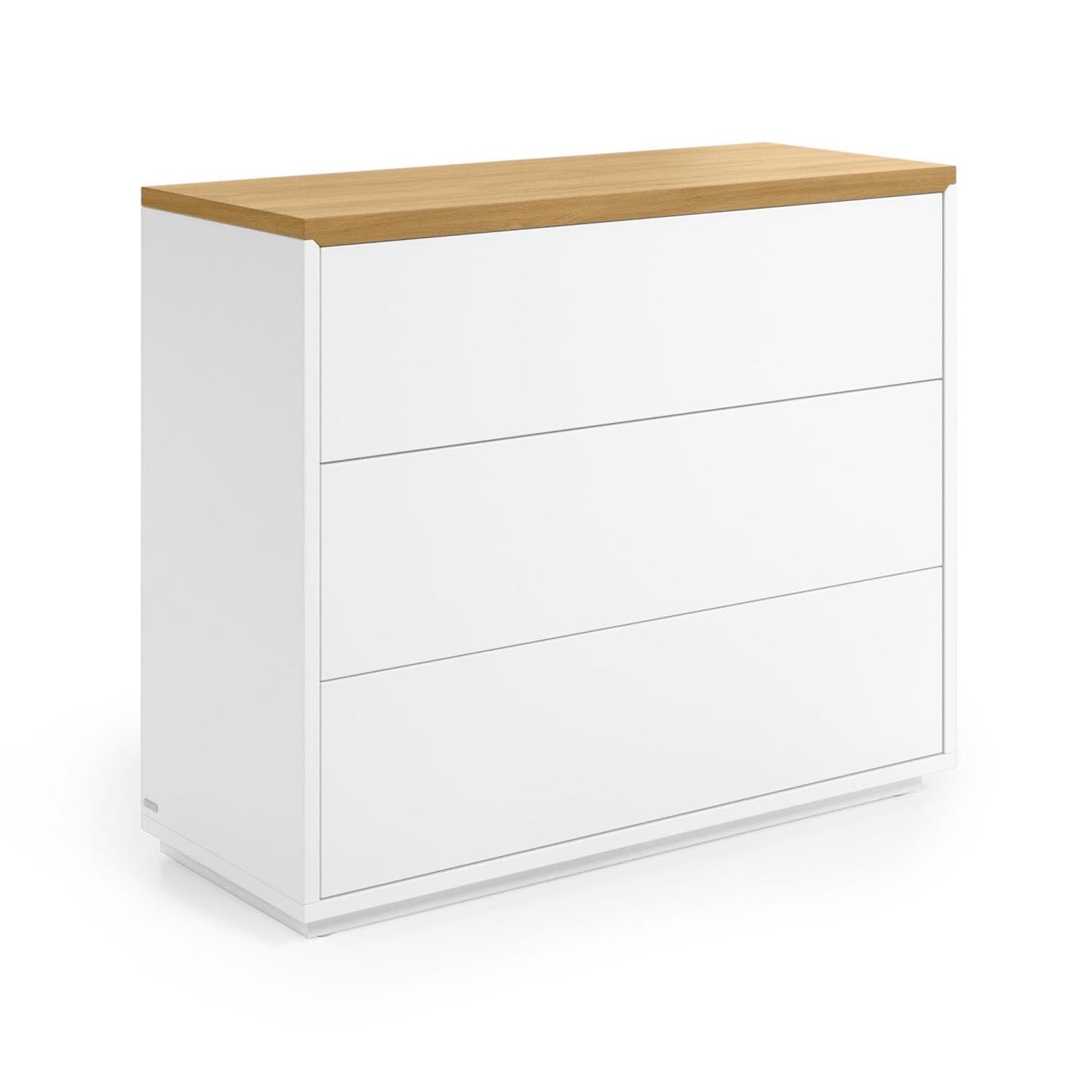 Elegante Abilen Kommode: Weiß lackiert, 3 Schubladen, Eichenfurnier, 90x36x75cm. Perfekt für modernes Zuhause.