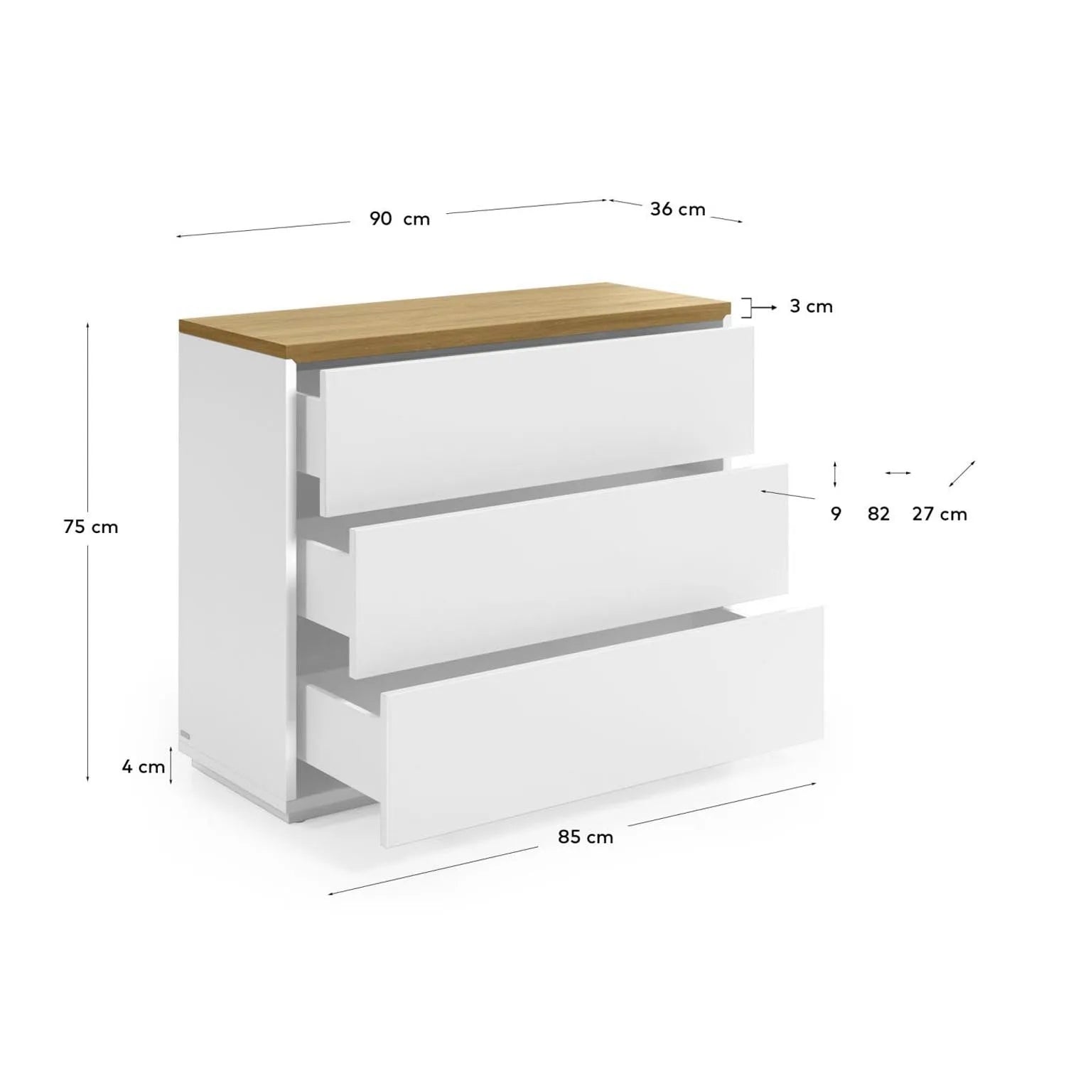 Stilvolle Kommode mit 3 Schubladen, weiß lackiert, Eichenfurnier, 90x36x75cm. Ideal für modernes Wohnen.