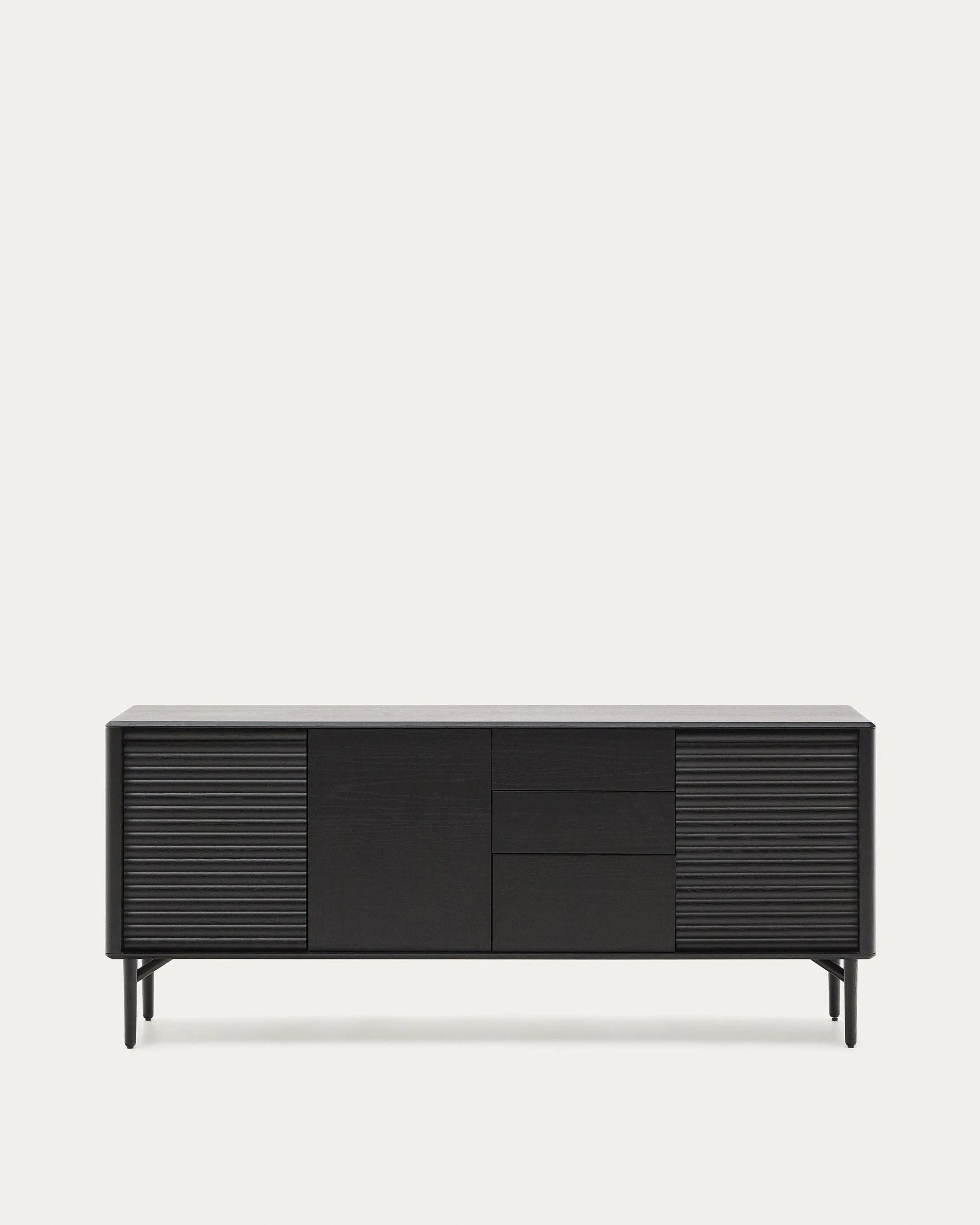 3D-Modell: Elegantes Highboard Lenon, Eiche massiv, schwarz, 3 Türen, 3 Schubladen, 200x86cm, FSC-zertifiziert.