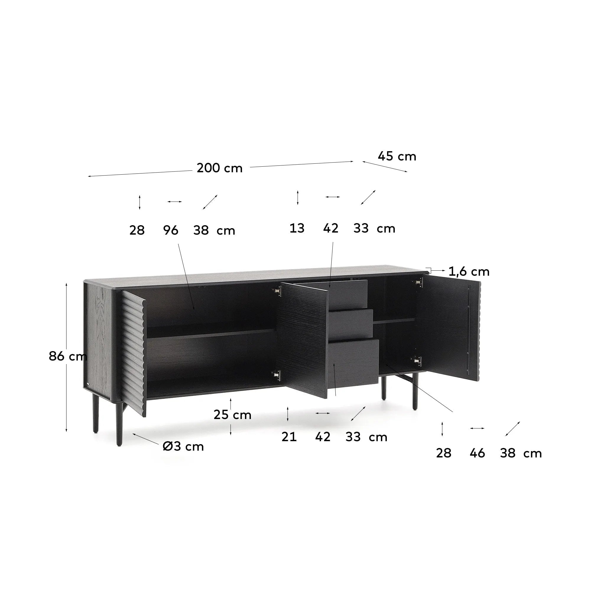 Elegantes Highboard aus Eiche, 3 Türen, 3 Schubladen, 200x86cm, FSC-zertifiziert, modern und nachhaltig.