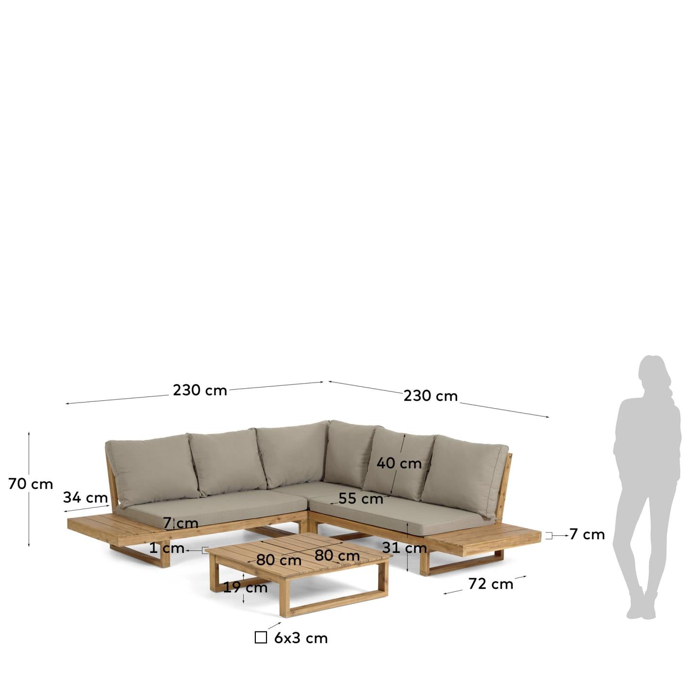 Verwandle deinen Außenbereich mit dem Flaviina 5-Sitzer Ecksofa und Tisch aus hochwertigem, nachhaltigem Akazienholz in eine stilvolle Lounge-Oase.