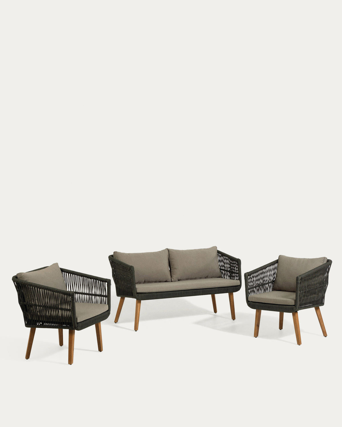Set Inti 2-Sitzer Sofa und 2 Stühle mit grünem Seil FSC 100% in Grün präsentiert im Onlineshop von KAQTU Design AG. Loungeset ist von Kave Home