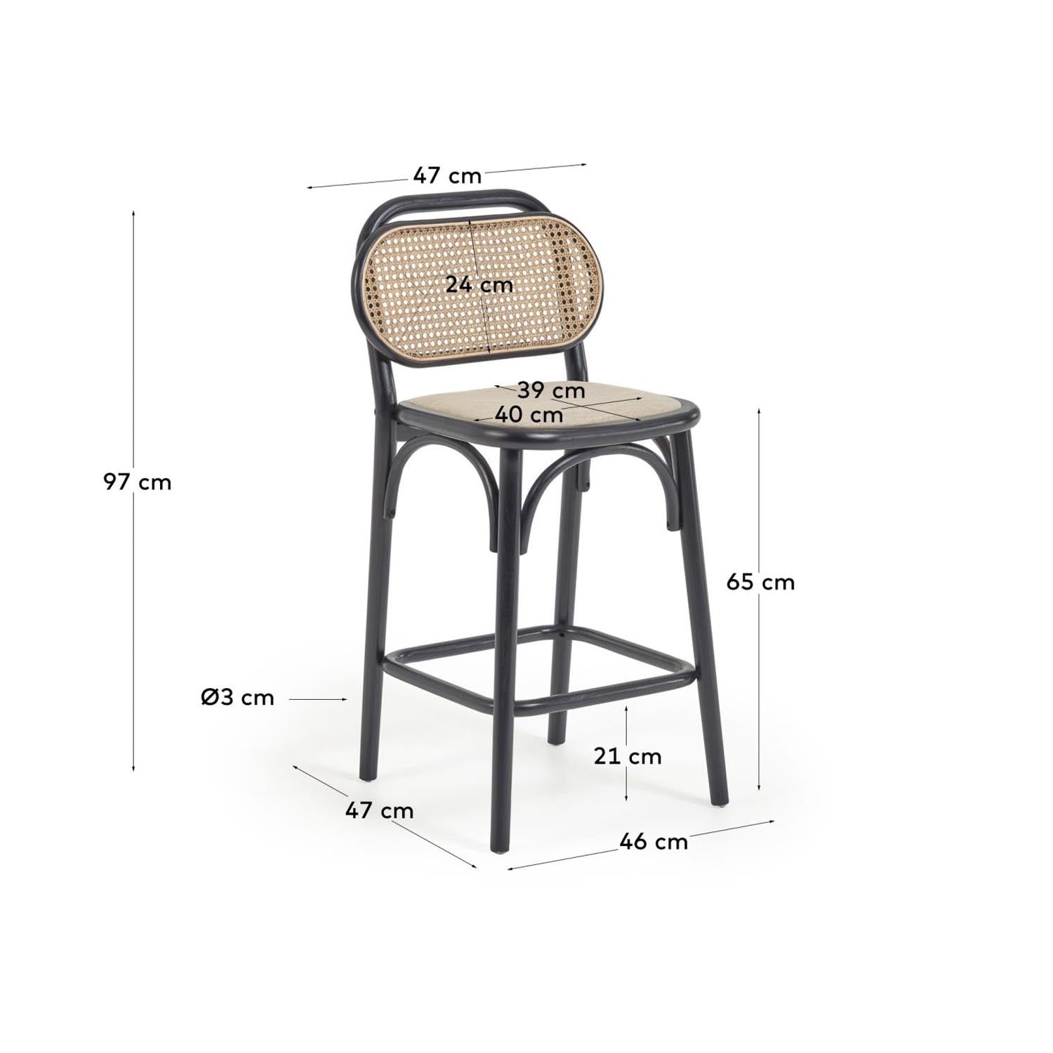 Eleganter Hocker aus Ulme, schwarz lackiert, 65 cm, Kave Home.