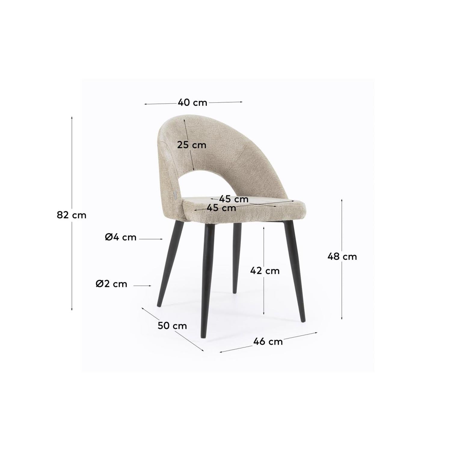 Stuhl Mael: Beiger Chenille, schwarze Stahlbeine, stilvoll modern.