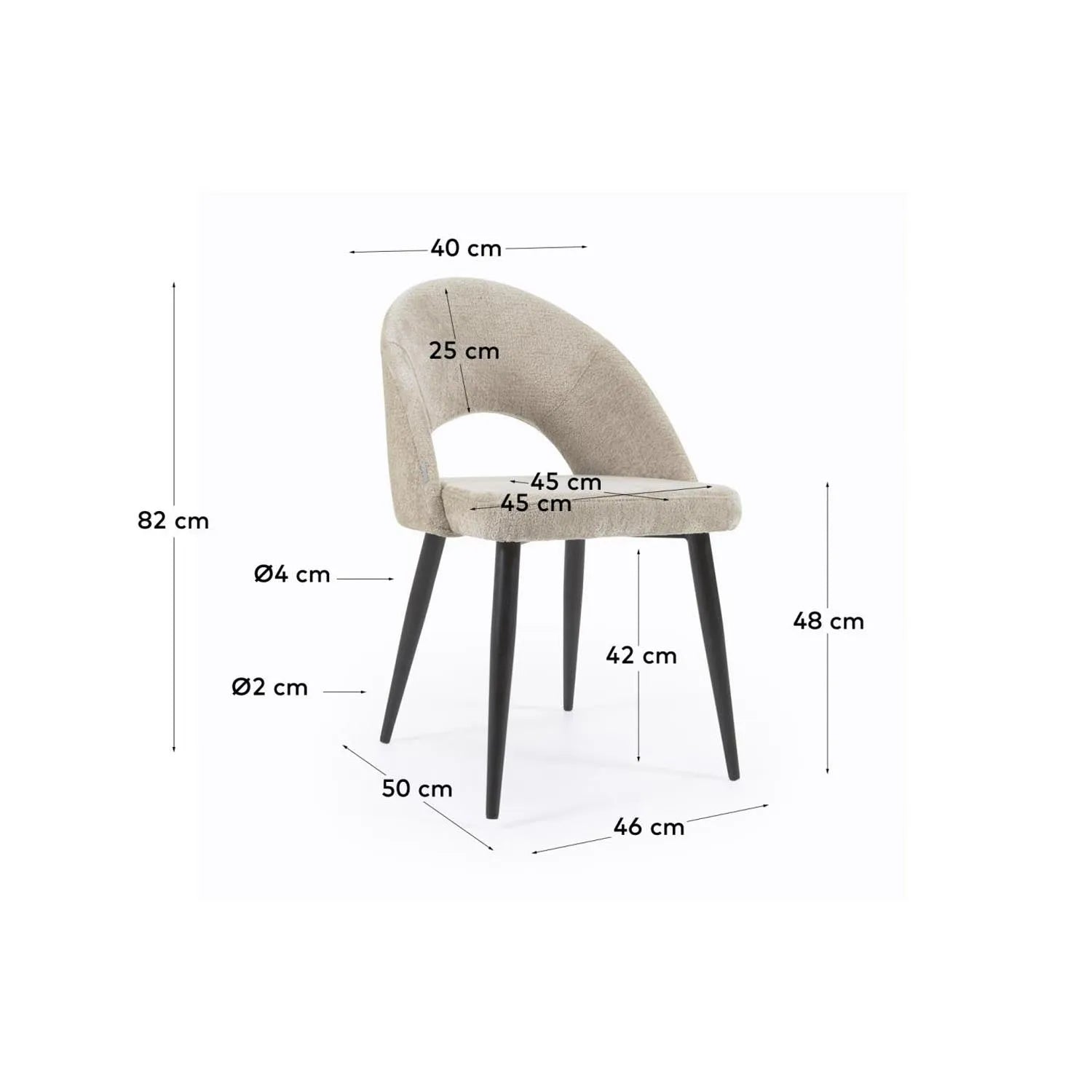 Stuhl Mael: Beiger Chenille, schwarze Stahlbeine, stilvoll modern.