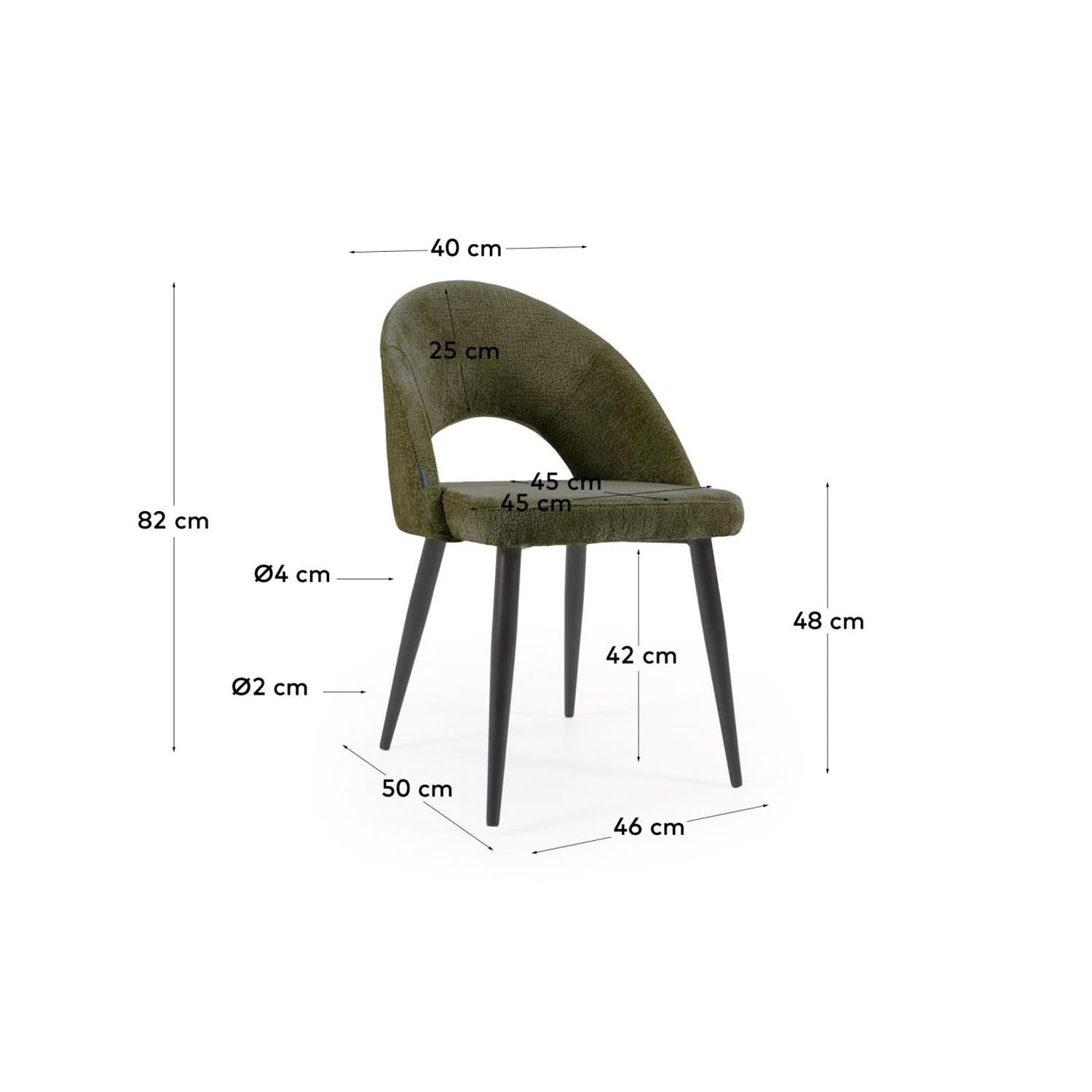 Entdecke den stilvollen Stuhl Mael von Kave Home: Grünes Chenille und robuste Stahlbeine mit schwarzem Finish vereinen Komfort und Eleganz.