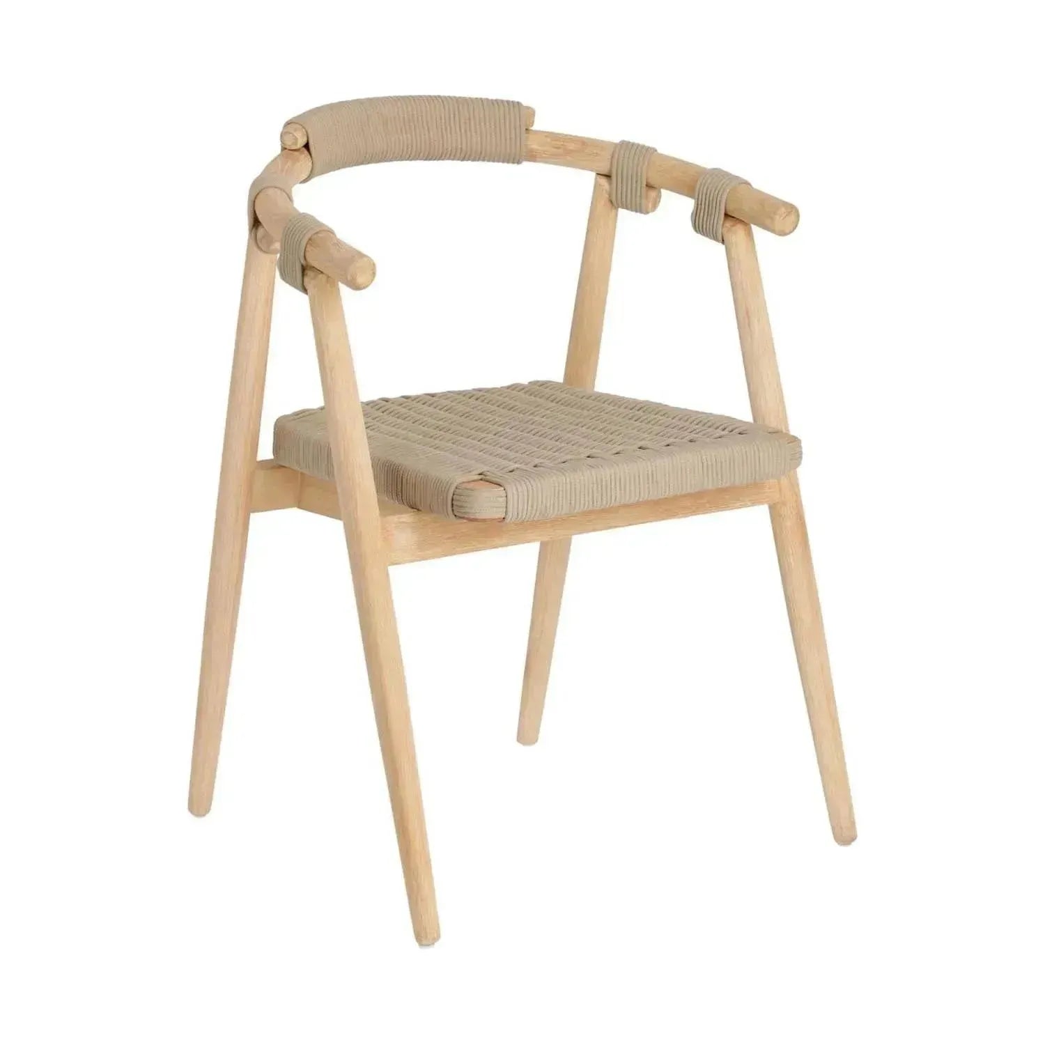 Stapelbarer Majela-Stuhl aus Eukalyptusholz in Eichen-Optik, beige Seil, UV-beständig, ideal für Garten & Terrasse.