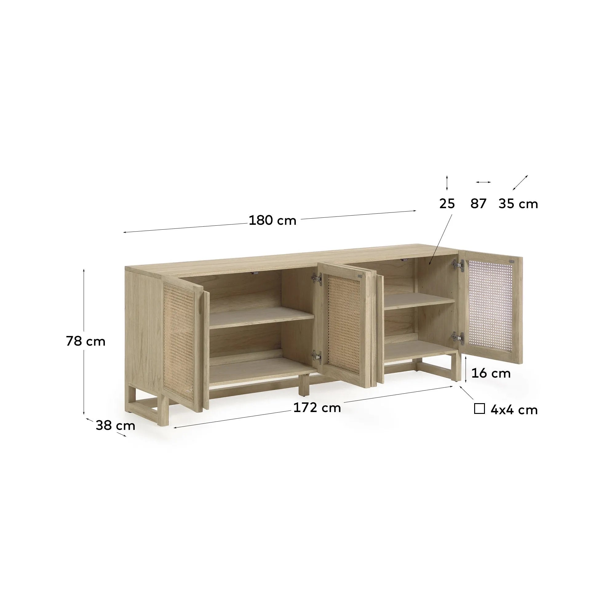Das Rexit Sideboard vereint modernes Design mit Wiener Geflecht und Mindi-Holz, ideal für stilvolle Aufbewahrung.