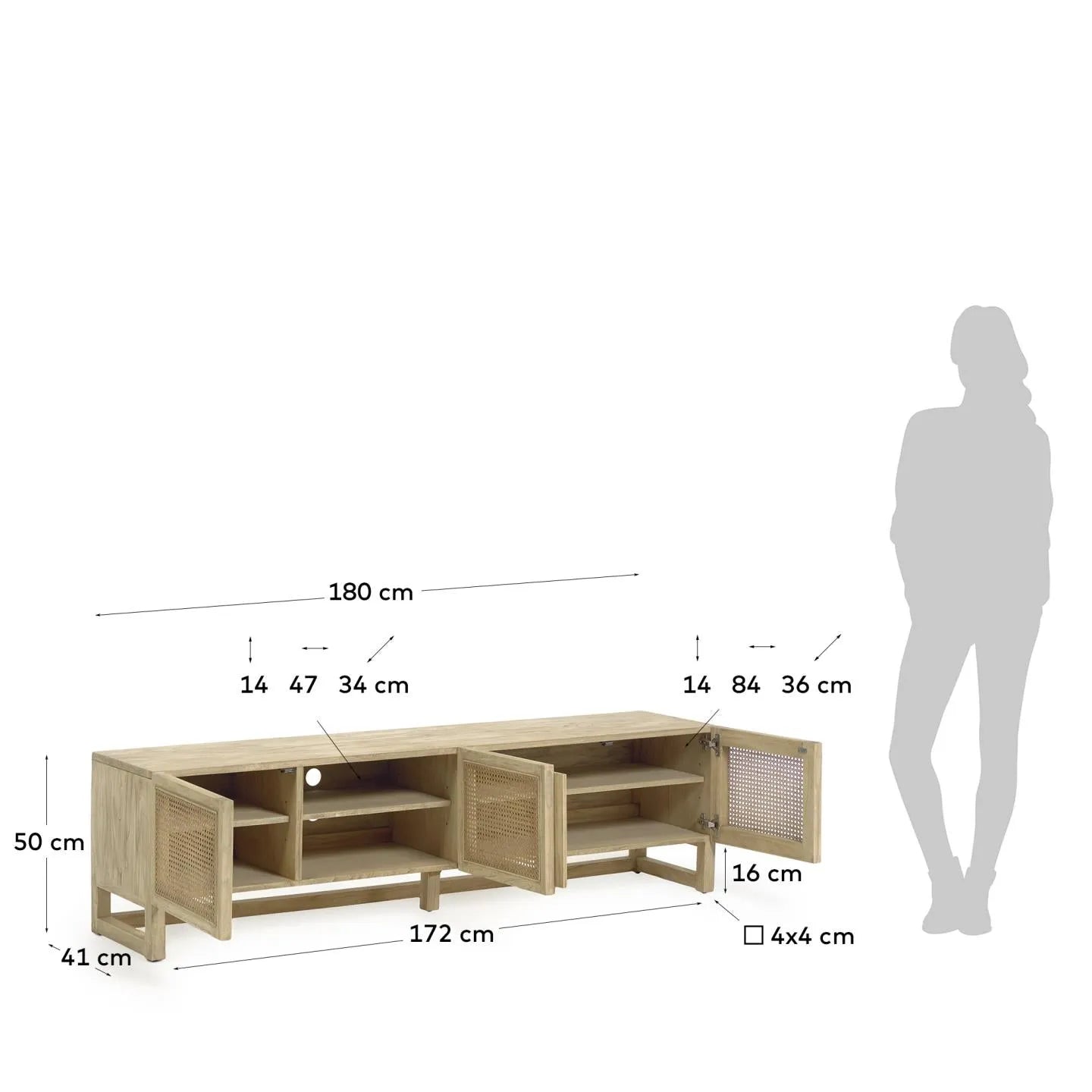 Der Rexit TV-Schrank kombiniert robustes Mindiholz mit Rattan für stilvollen Stauraum in modernem Design.