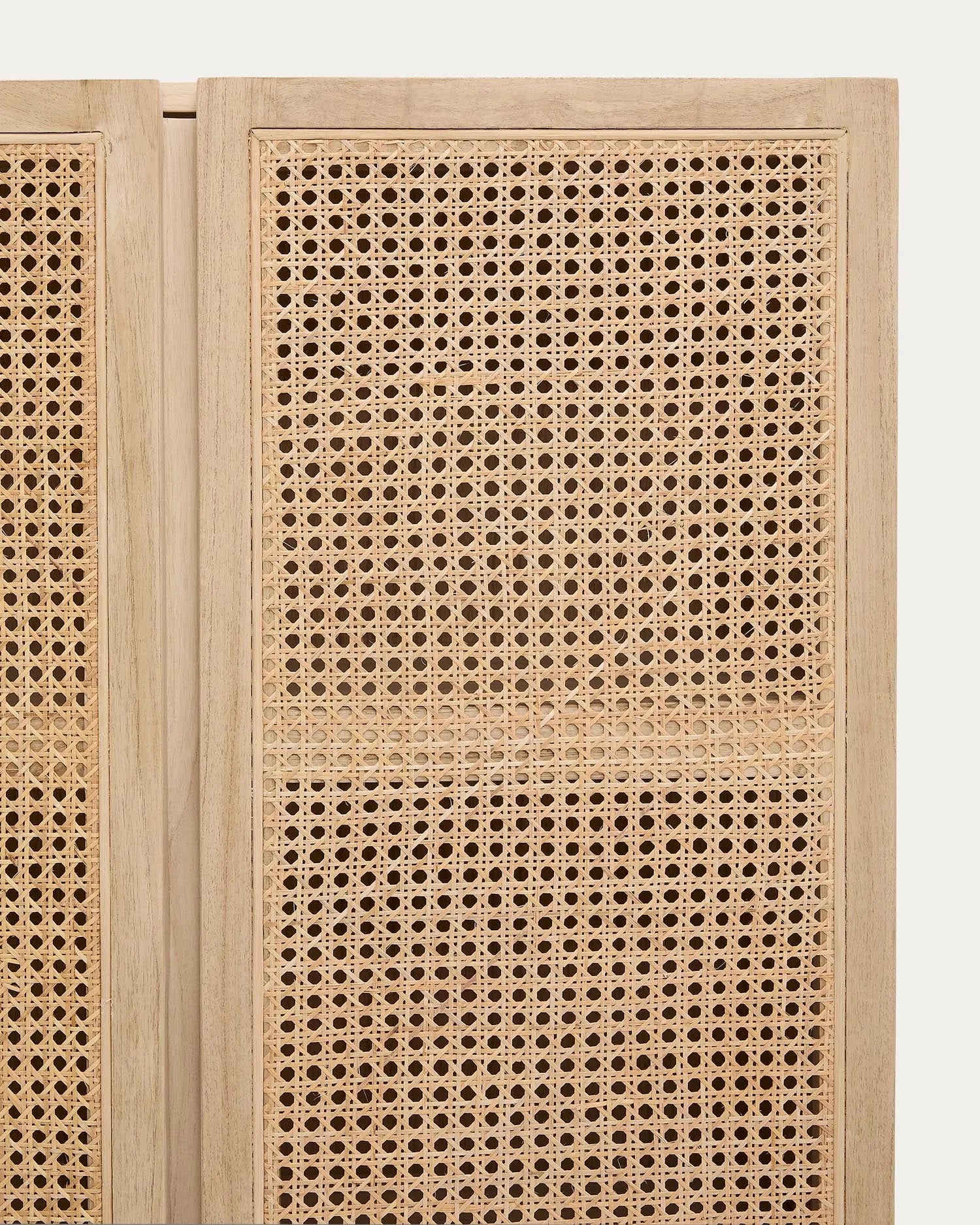 Der Rexit Schrank vereint massives Holz, Mindi Furnier und Rattan zu einem stilvollen, funktionalen Möbelstück mit großzügigem Stauraum.