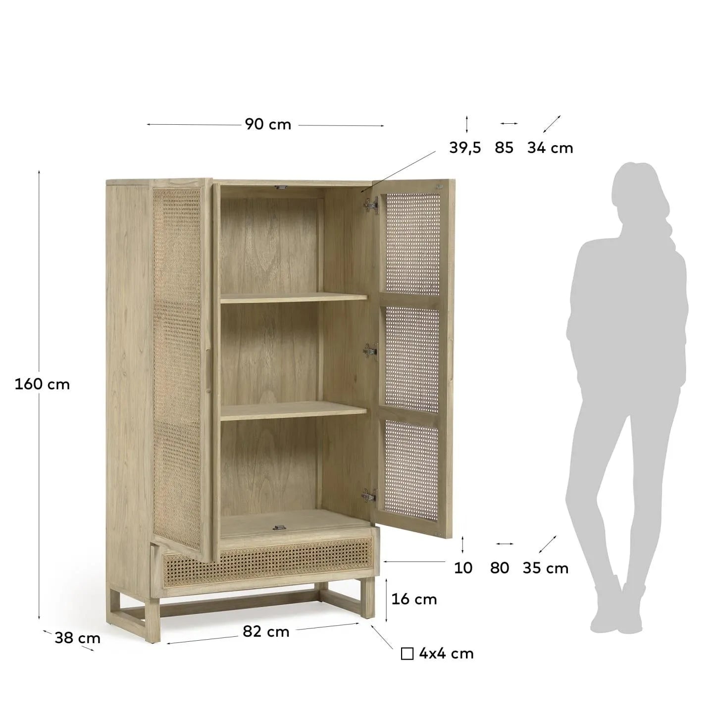 Der Rexit Schrank vereint massives Holz, Mindi Furnier und Rattan zu einem stilvollen, funktionalen Möbelstück mit großzügigem Stauraum.