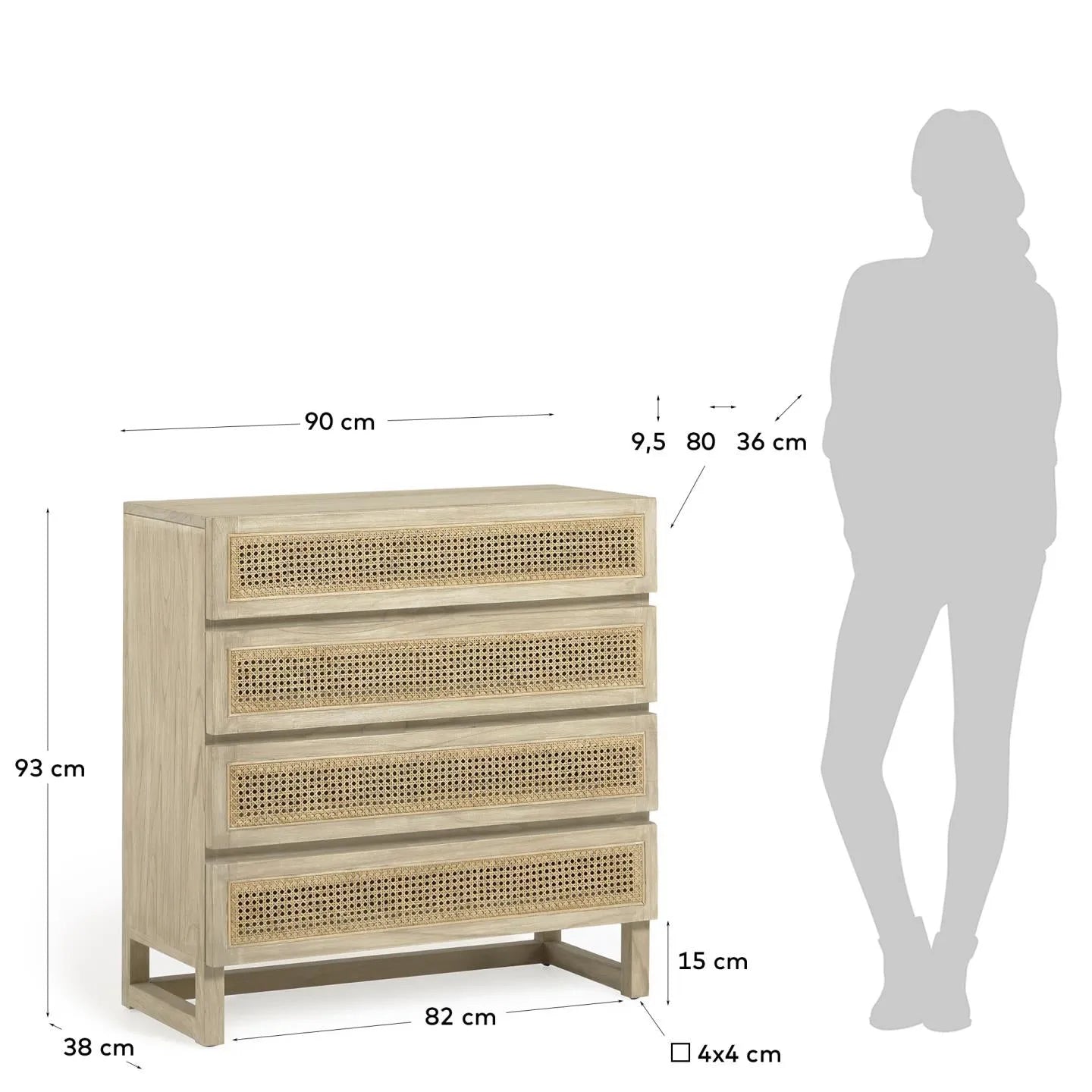 Die Rexit Kommode kombiniert massives Mindi-Holz, Rattan und Zementdetails für stilvollen Stauraum in jedem Raum.