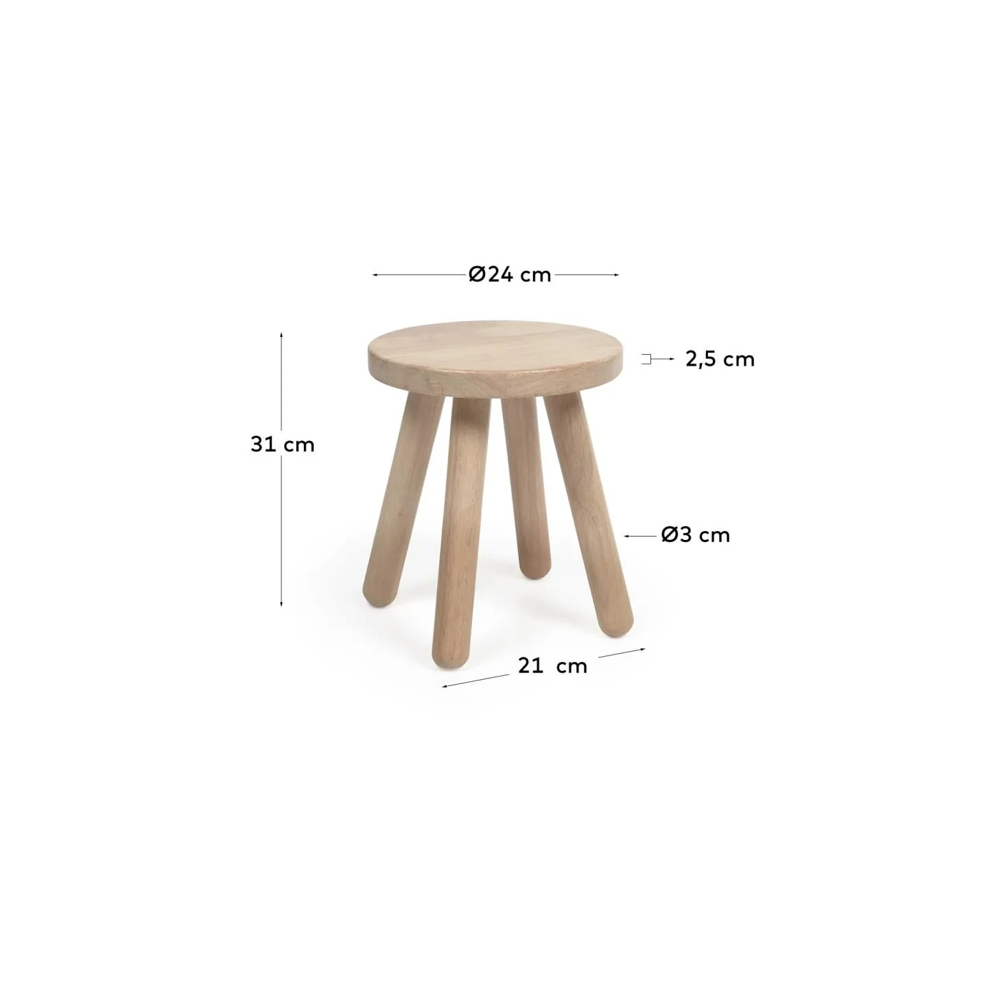Der Kinderhocker Dilcia aus massivem Kautschukholz ist robust, stilvoll und ideal für kreative Kinder.