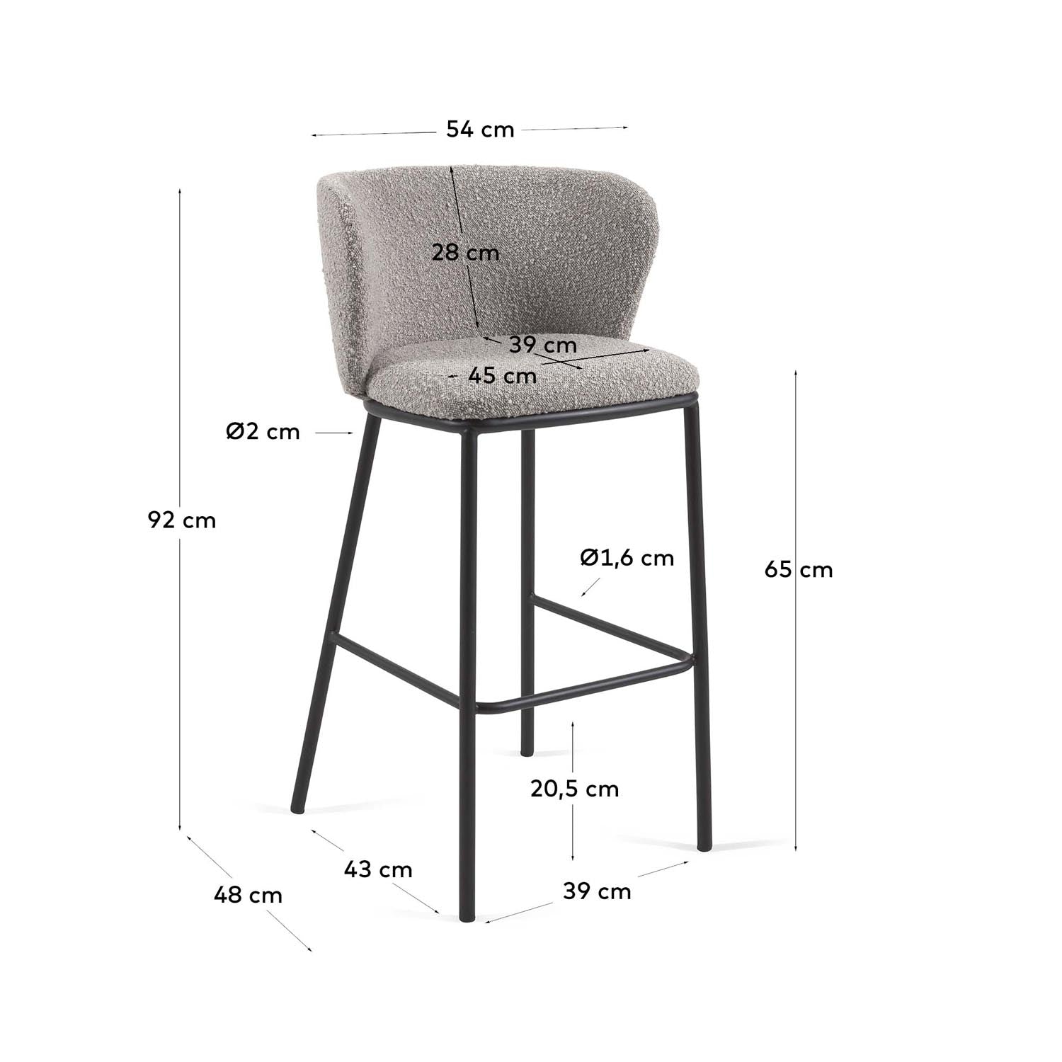 Eleganter Ciselia Hocker 65 cm, hellgrau Bouclé von Kave Home.