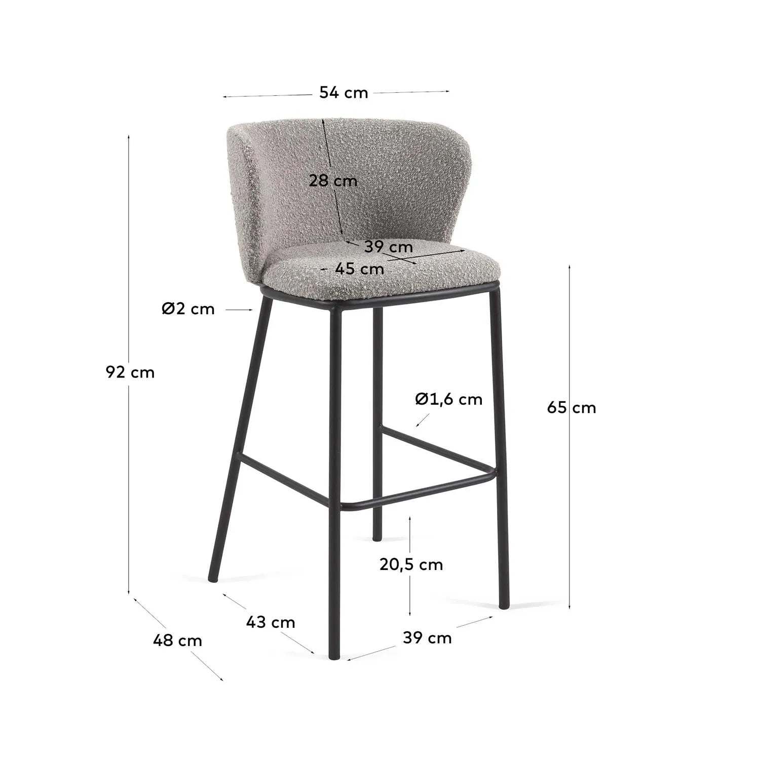 Eleganter Ciselia Hocker 65 cm, hellgrau Bouclé von Kave Home.