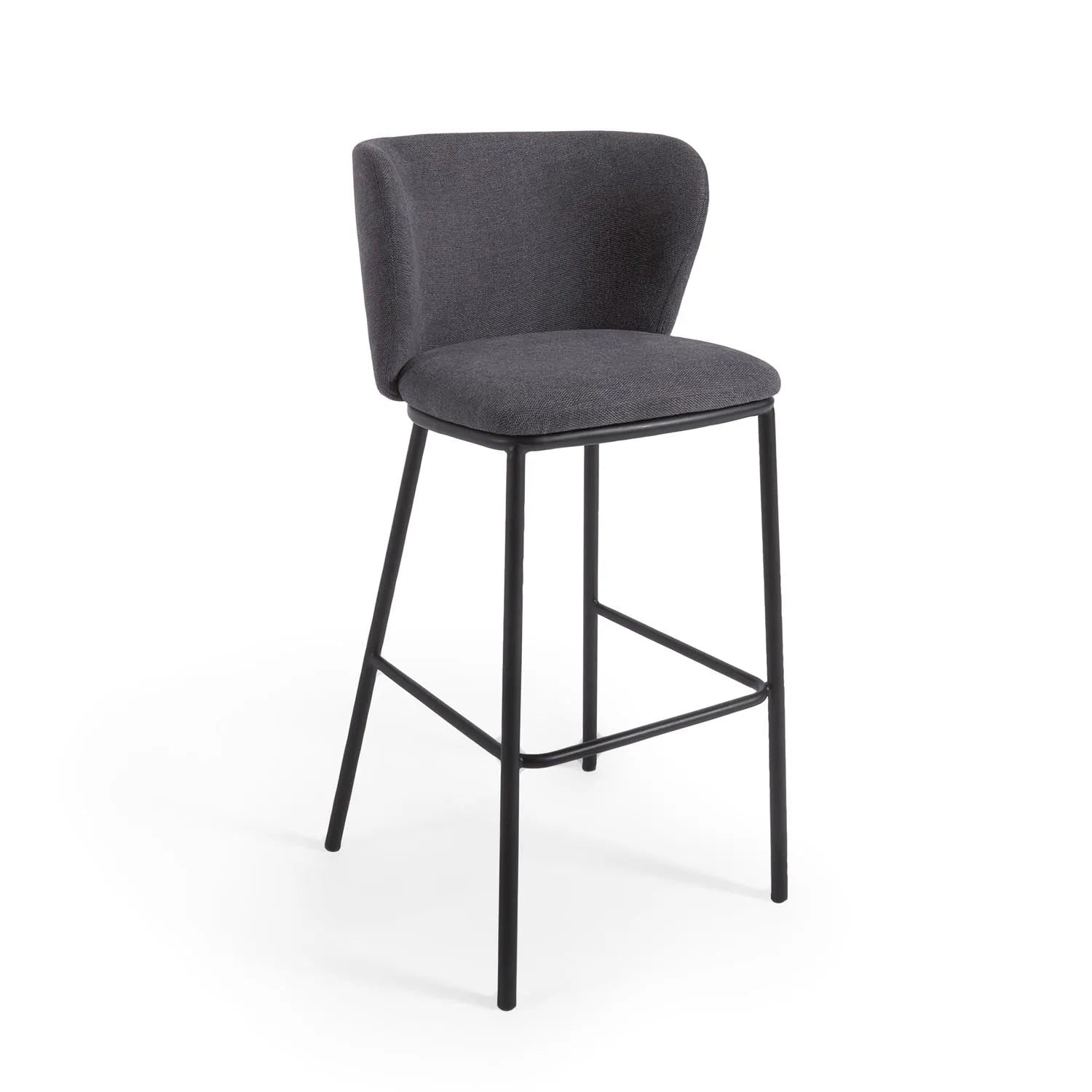 3D-Modell eines eleganten, dunkelgrauen Chenille-Hockers, 75 cm hoch, ideal für moderne Küchen und Bars.