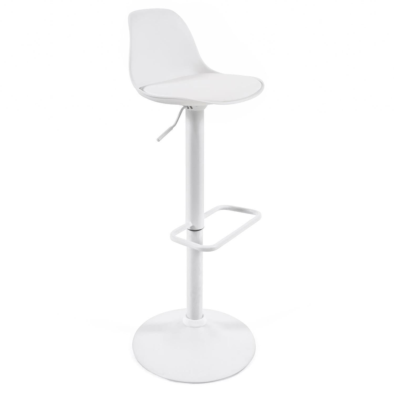 Moderner, verstellbarer Hocker aus weißem Kunstleder und mattweißem Stahl, ideal für Küche und Bar, 60-82 cm hoch.