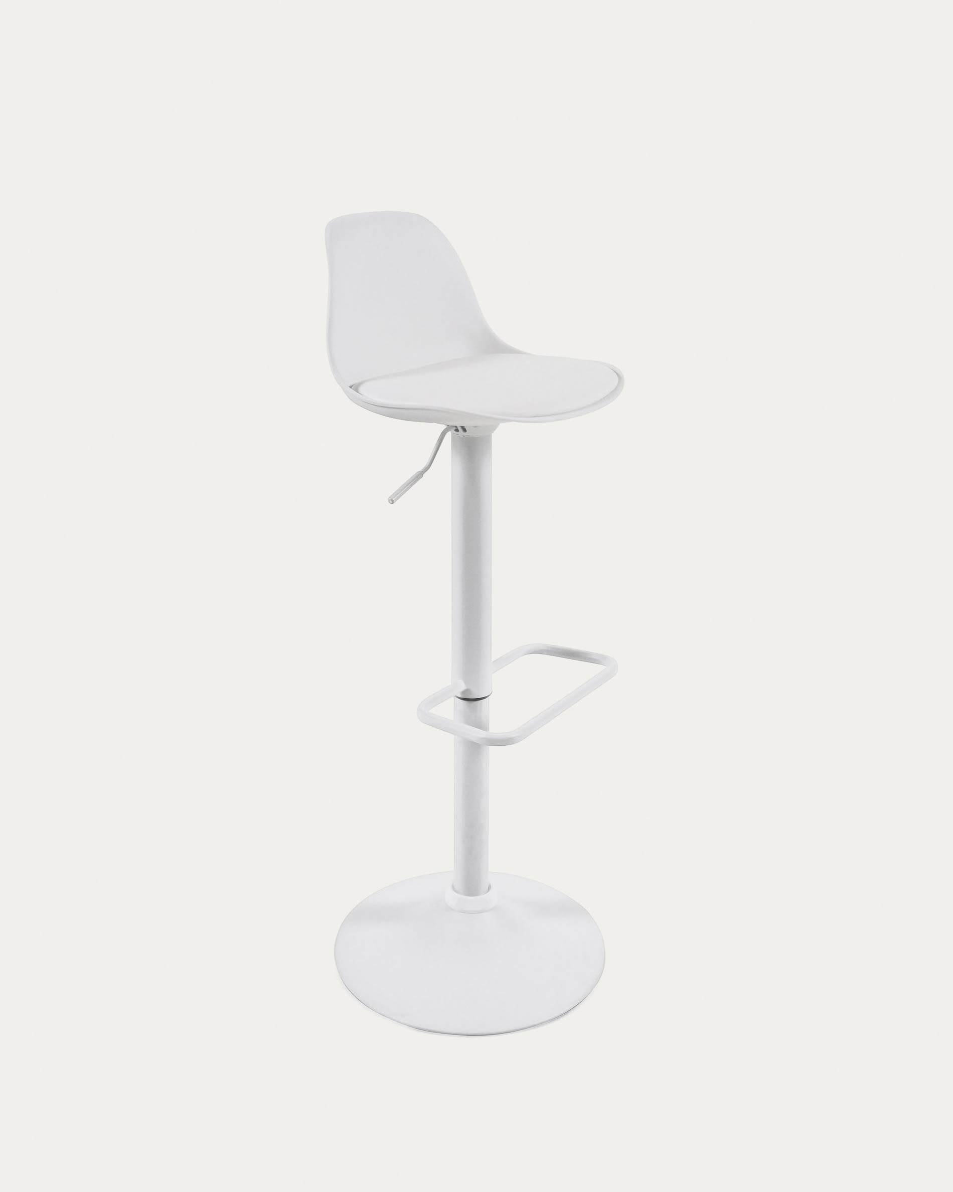 Moderner, verstellbarer Hocker aus weissem Kunstleder und mattweissem Stahl, ideal für Küche und Bar, 60-82 cm hoch.