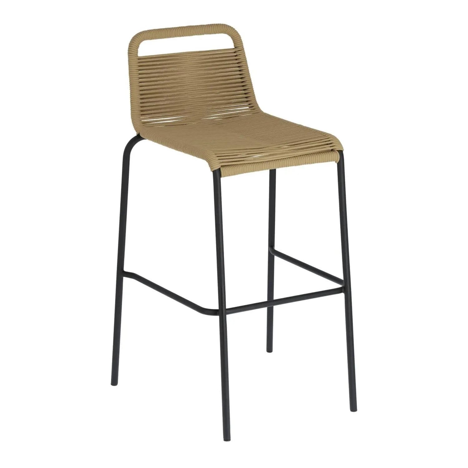3D-Modell: Lambton Hocker, braunes Seil, schwarzer Stahl, 74 cm, stapelbar, wetterfest, ideal für Terrasse, stilvoll.