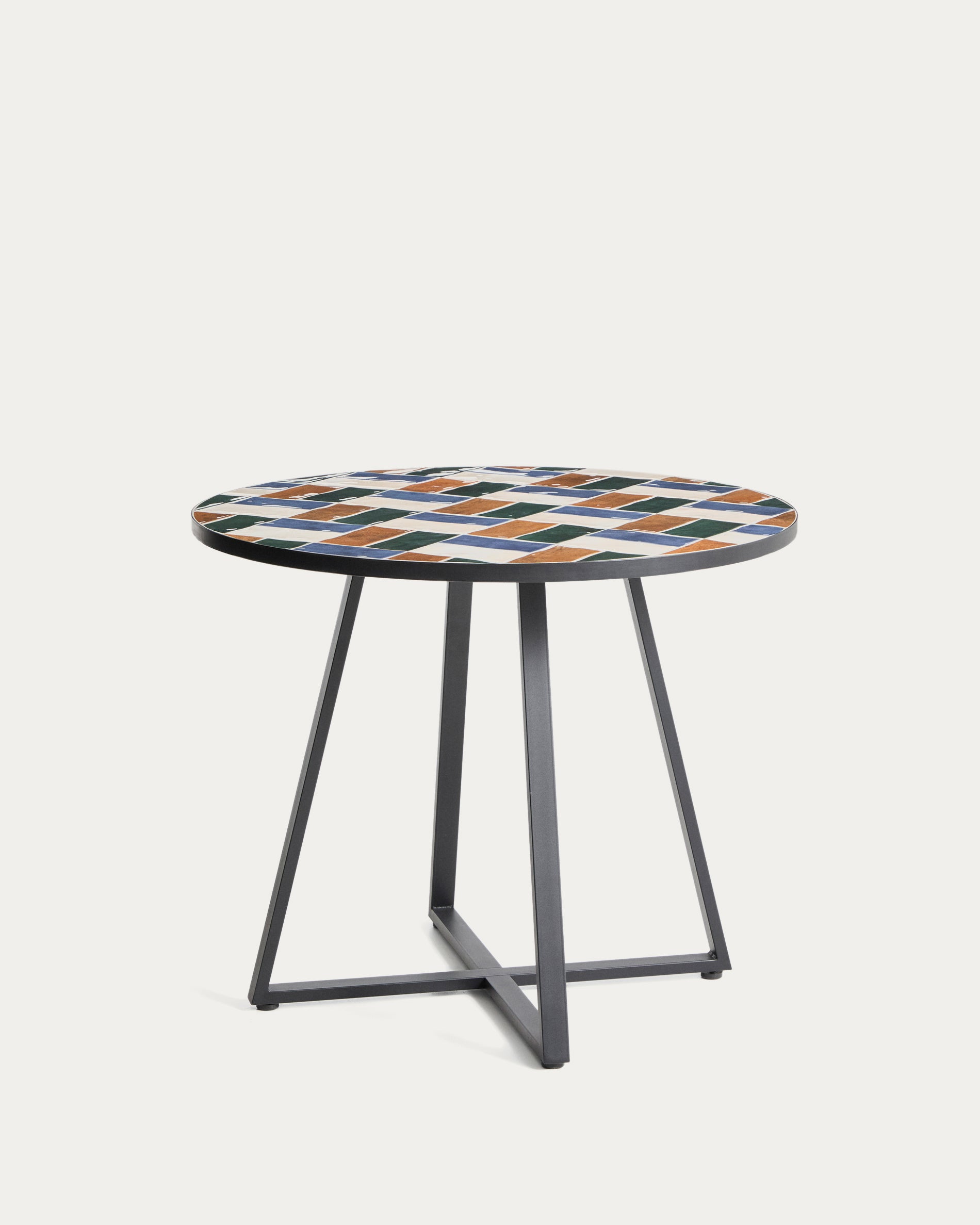 Moderner runder Tisch Tella aus robustem grafitfarbenem Stahl, verziert mit bunten Fliesen, Ø90 cm, ideal für stilvolle Außenbereiche.