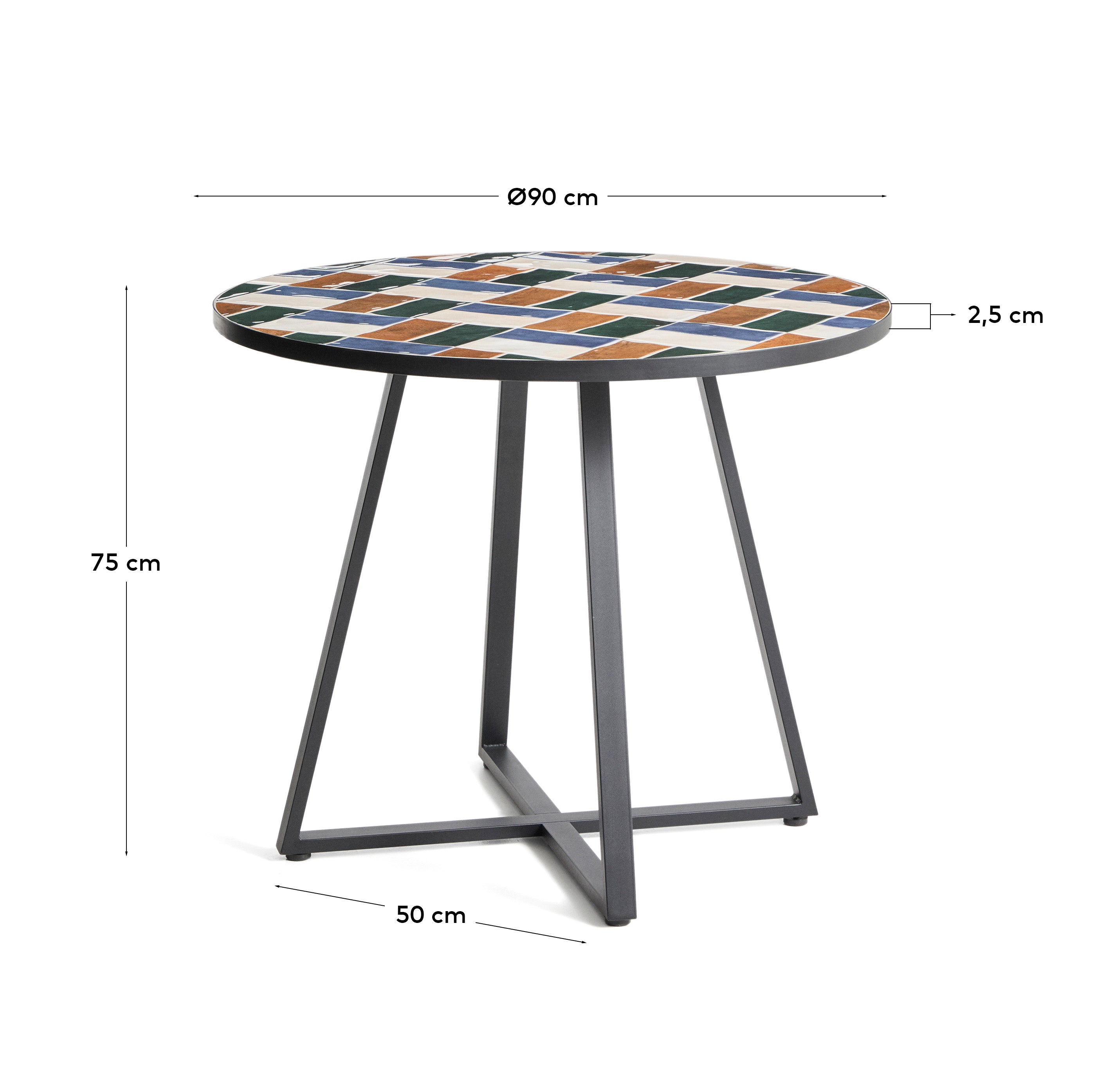 Eleganter runder Tisch Tella aus verzinktem grafitfarbenem Stahl, Ø90 cm, mit farbenfrohen Fliesen für einen ansprechenden Look im Garten.