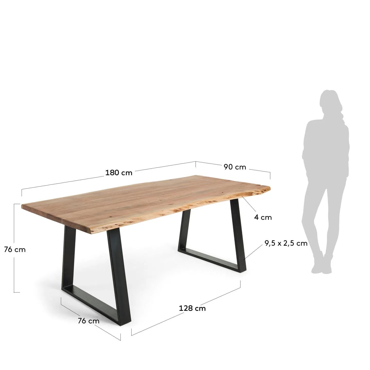 Eleganter Alaia Tisch aus Akazienholz mit schwarzen Stahlbeinen, 180x90 cm, vereint natürliche Schönheit und modernes Design.