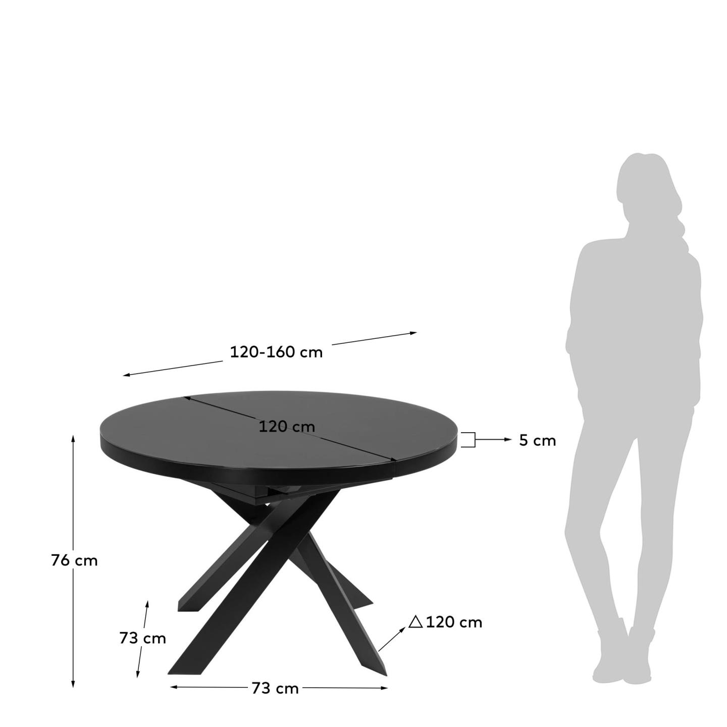 Moderner runder Ausziehtisch mit Glasplatte und schwarzen Stahlbeinen, Ø 120-160 cm, ideal für stilvolle Esszimmer.