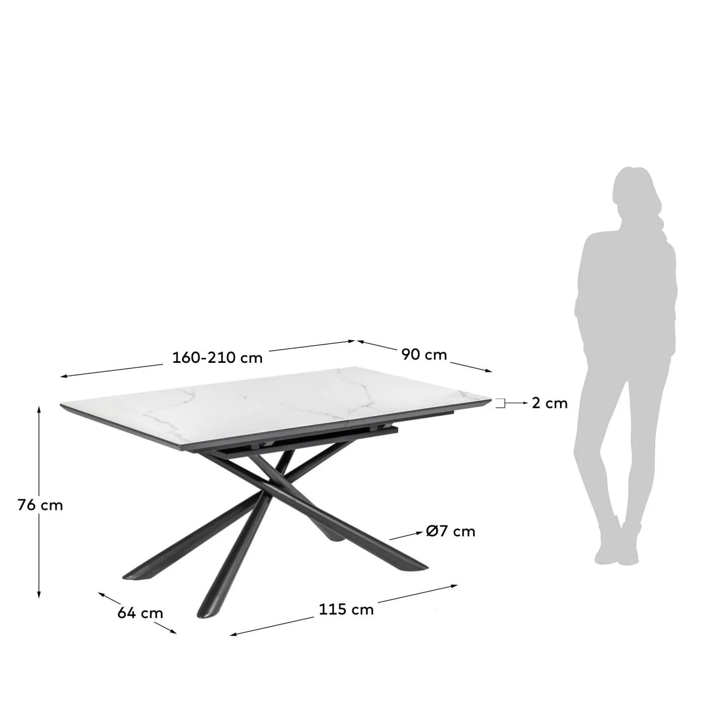 Eleganter ausziehbarer Tisch mit weißer Keramikplatte und schwarzen Stahlbeinen, 160-210 x 90 cm, von Kave Home.