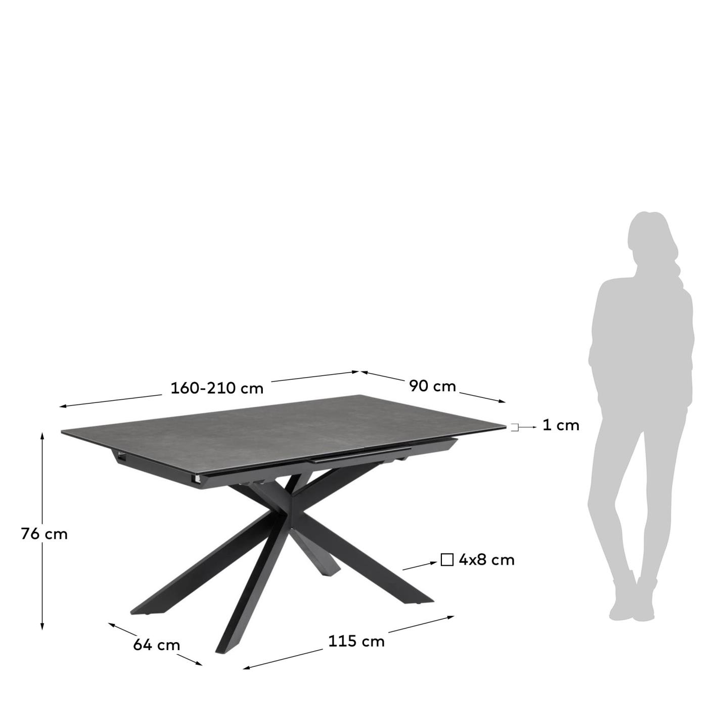 Eleganter Atminda Tisch mit ausziehbarer Feinsteinzeugplatte (160-210 cm) und robusten schwarzen Stahlbeinen, perfekt für modernes Wohnen.