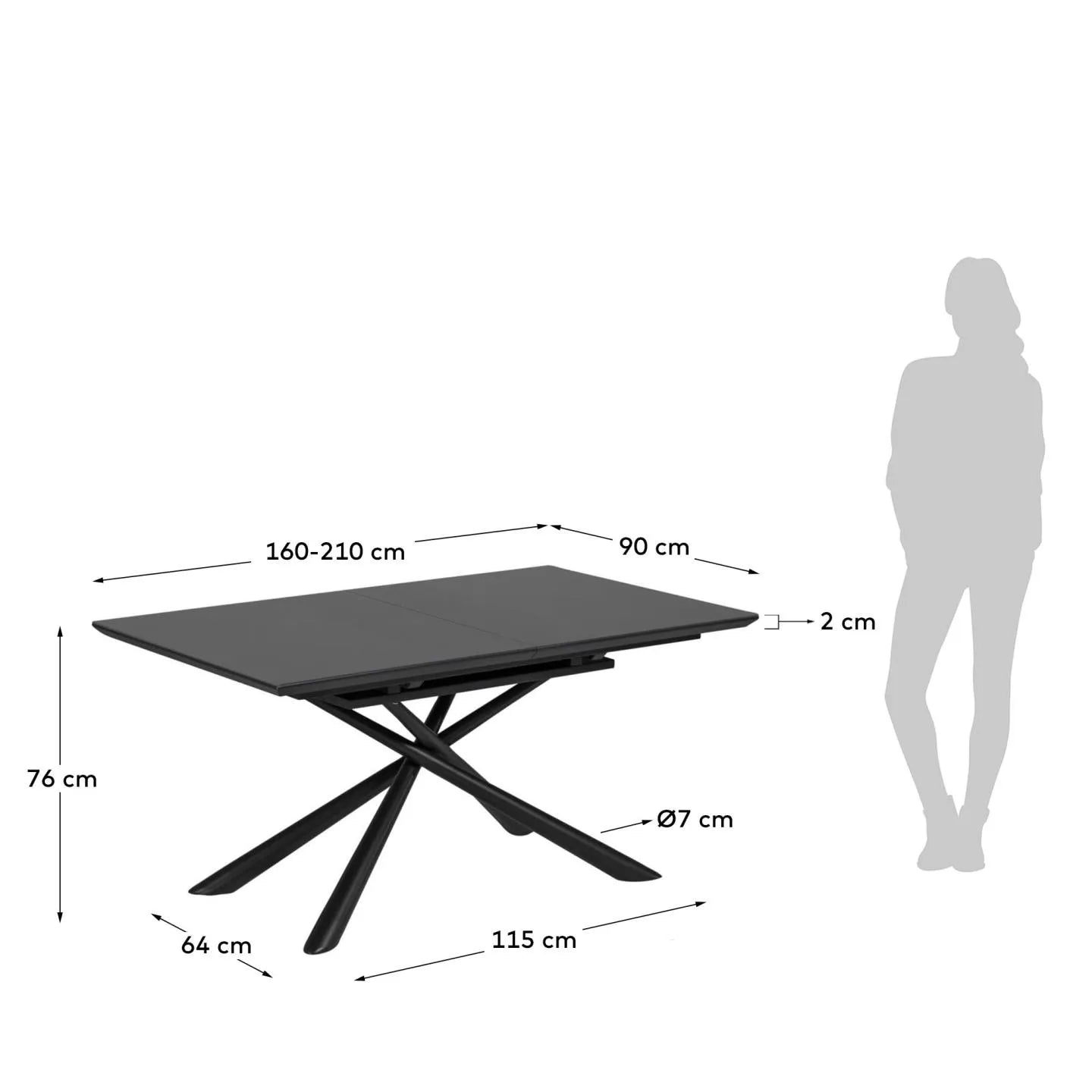 Moderner Ausziehtisch mit Glasplatte und schwarzen Stahlbeinen, ideal für stilvolle Esszimmer, Maße 160-210 x 90 cm.