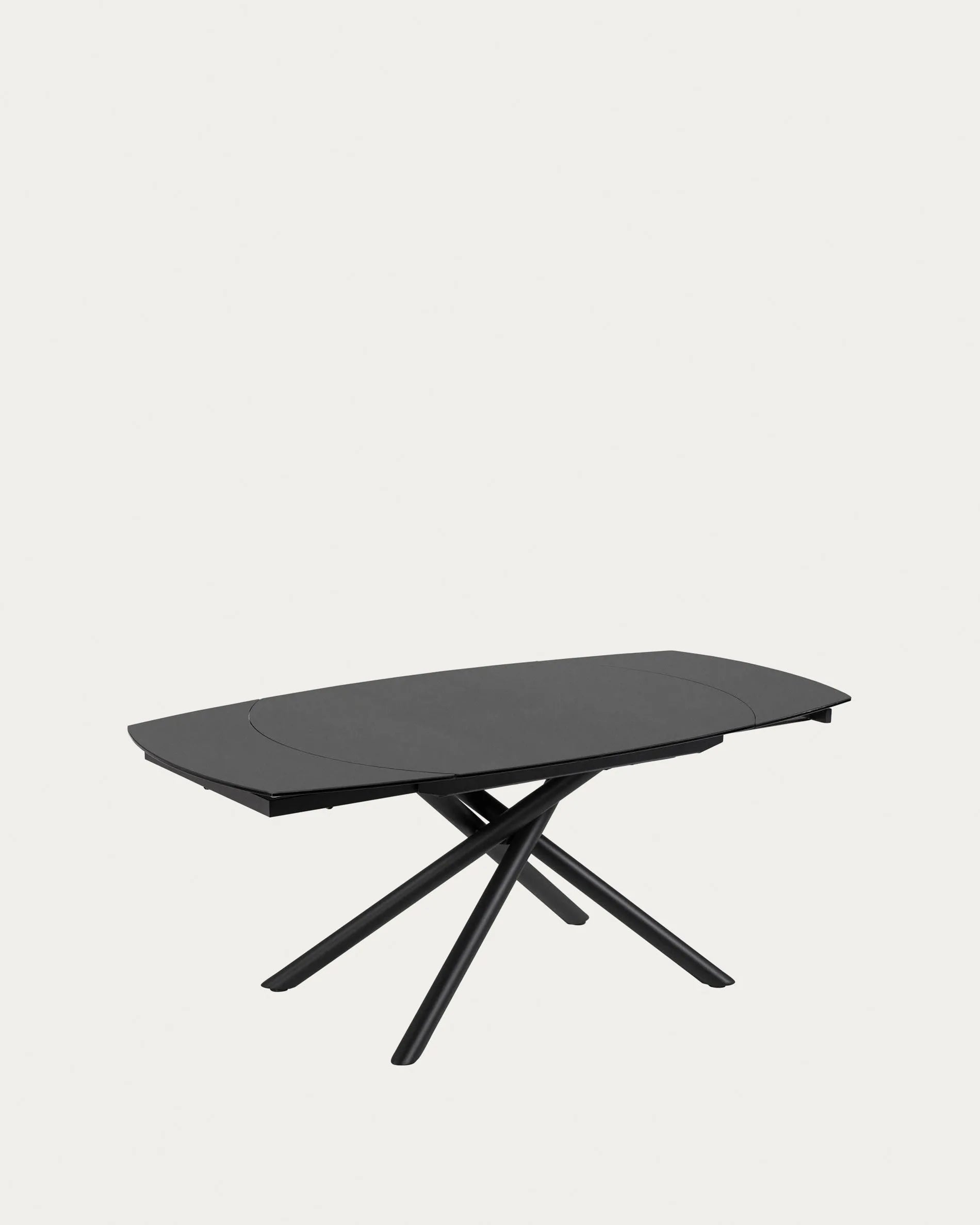Eleganter Ausziehtisch aus Glas mit schwarzen Stahlbeinen, erweiterbar von 130 auf 190 cm, ideal für moderne Esszimmer.