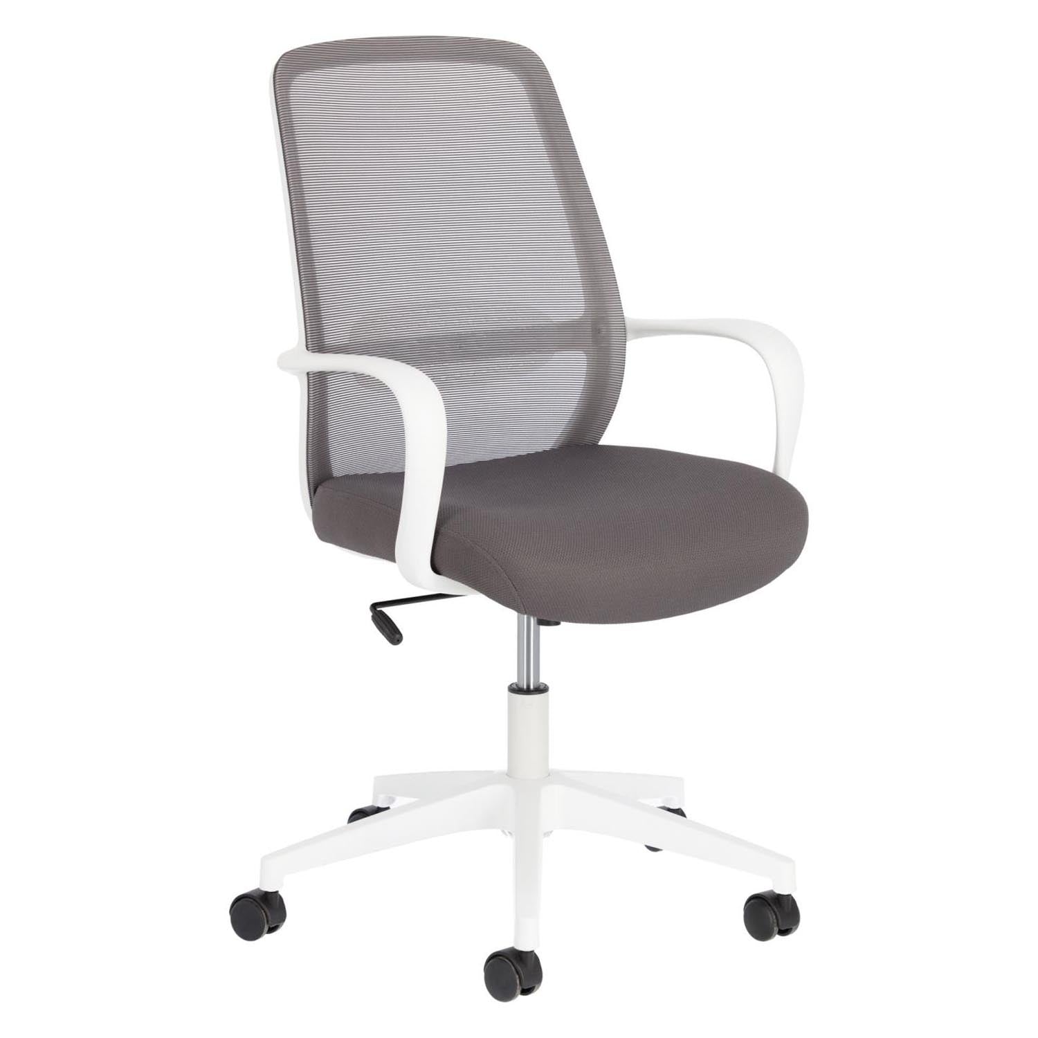 3D-Modell: Grauer Schreibtischstuhl, weiße Stahlbeine, modern und komfortabel, ideal für Home Office, AR-kompatibel.