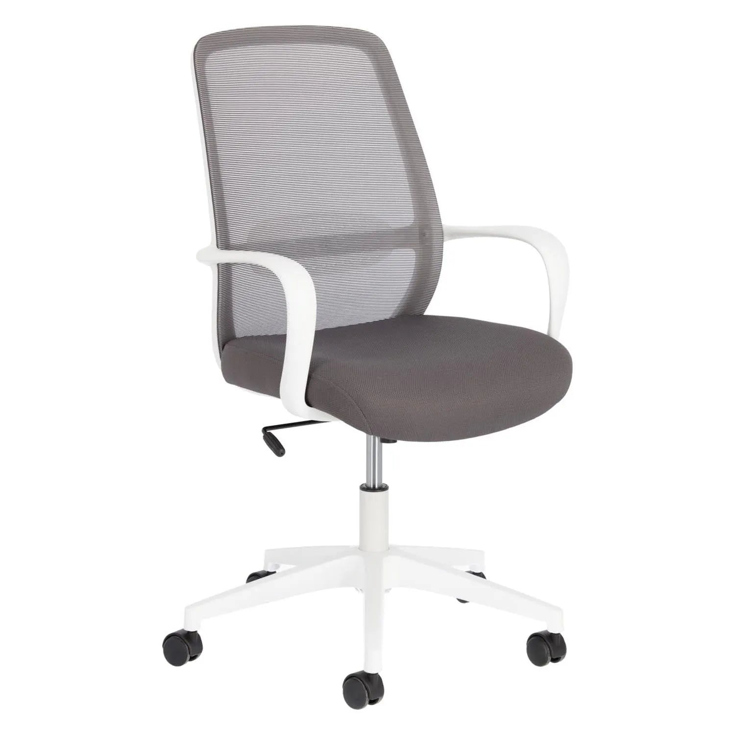 3D-Modell: Grauer Schreibtischstuhl, weiße Stahlbeine, modern und komfortabel, ideal für Home Office, AR-kompatibel.