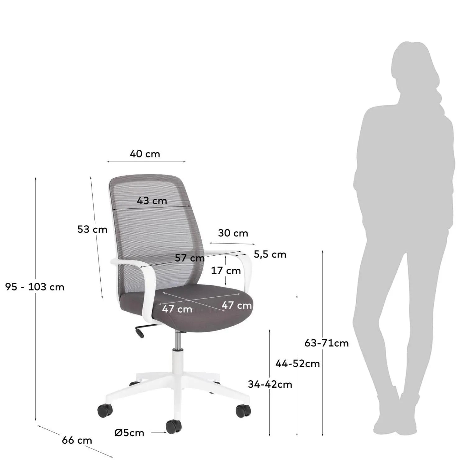 Eleganter Melva Bürostuhl in Grau mit weißen Stahlbeinen von Kave Home.