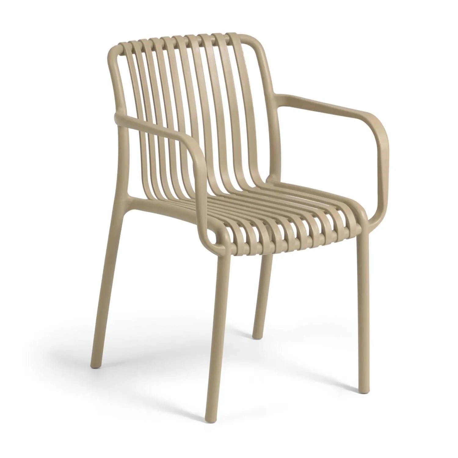 3D-Modell eines beigen, stapelbaren Outdoor-Stuhls Isabellini, ergonomisch, robust, UV-beständig, ideal für Garten.