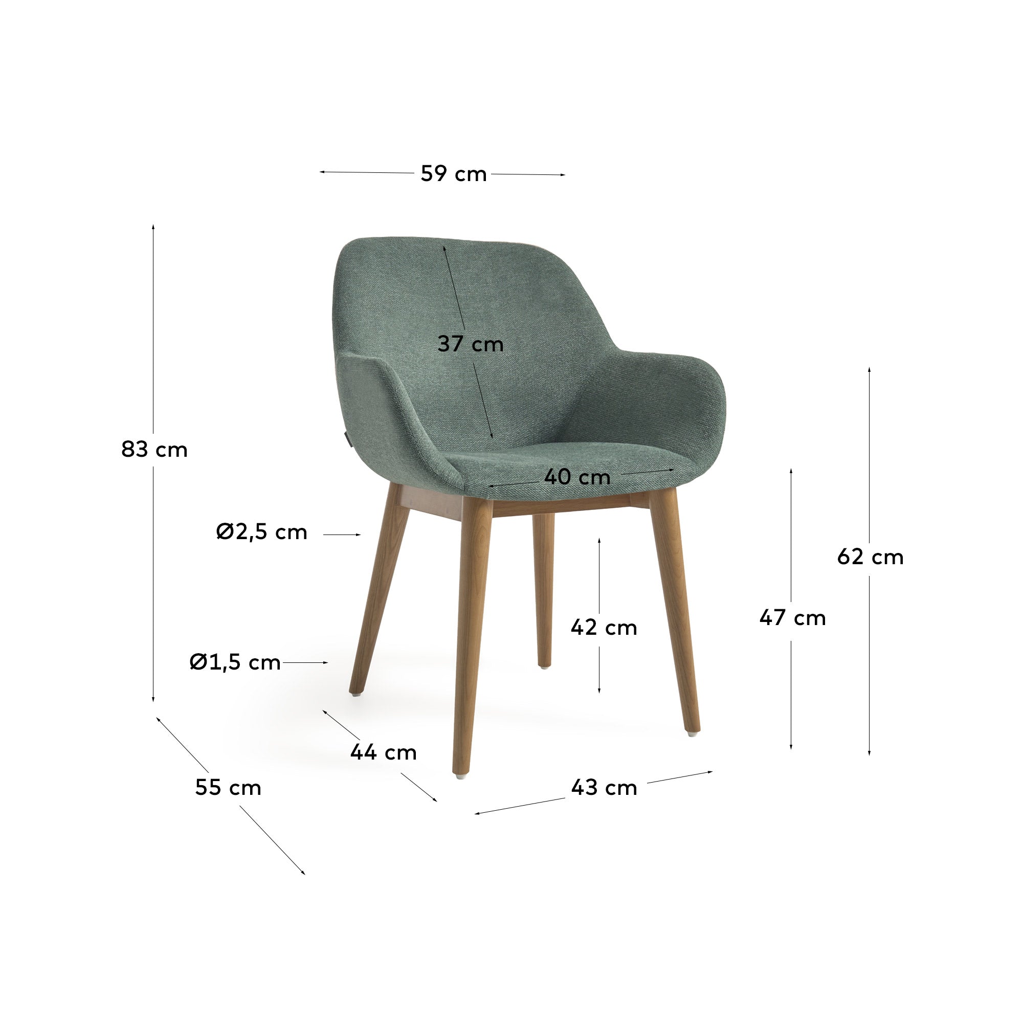 Konna Stuhl in Grün und Beine aus massivem Eschenholz mit dunklem Finish FR in Grün präsentiert im Onlineshop von KAQTU Design AG. Stuhl ist von Kave Home
