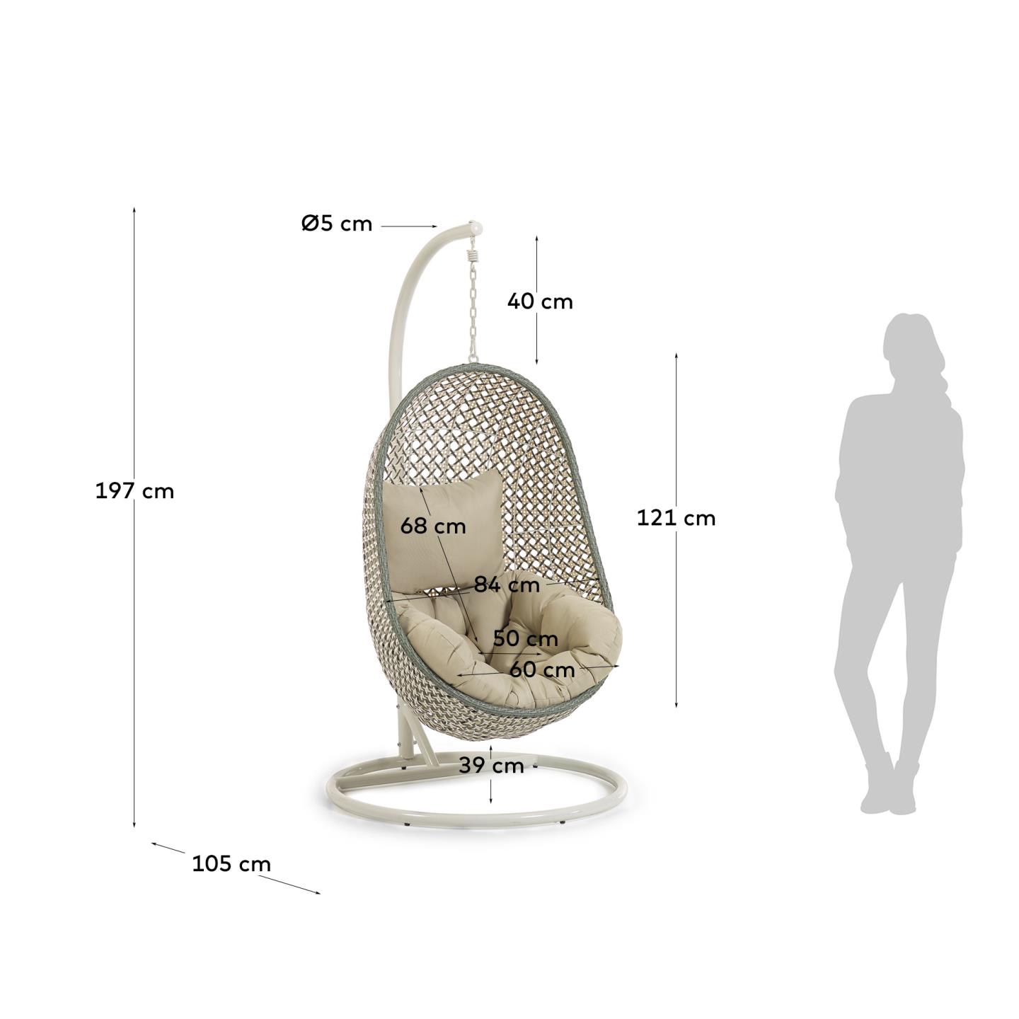 Genießen Sie den Hängesessel Cira von Kave Home: Elegantes, mehrfarbiges Design mit robustem, hellgrauem Standfuß – perfekt für entspannte Stunden im Freien.