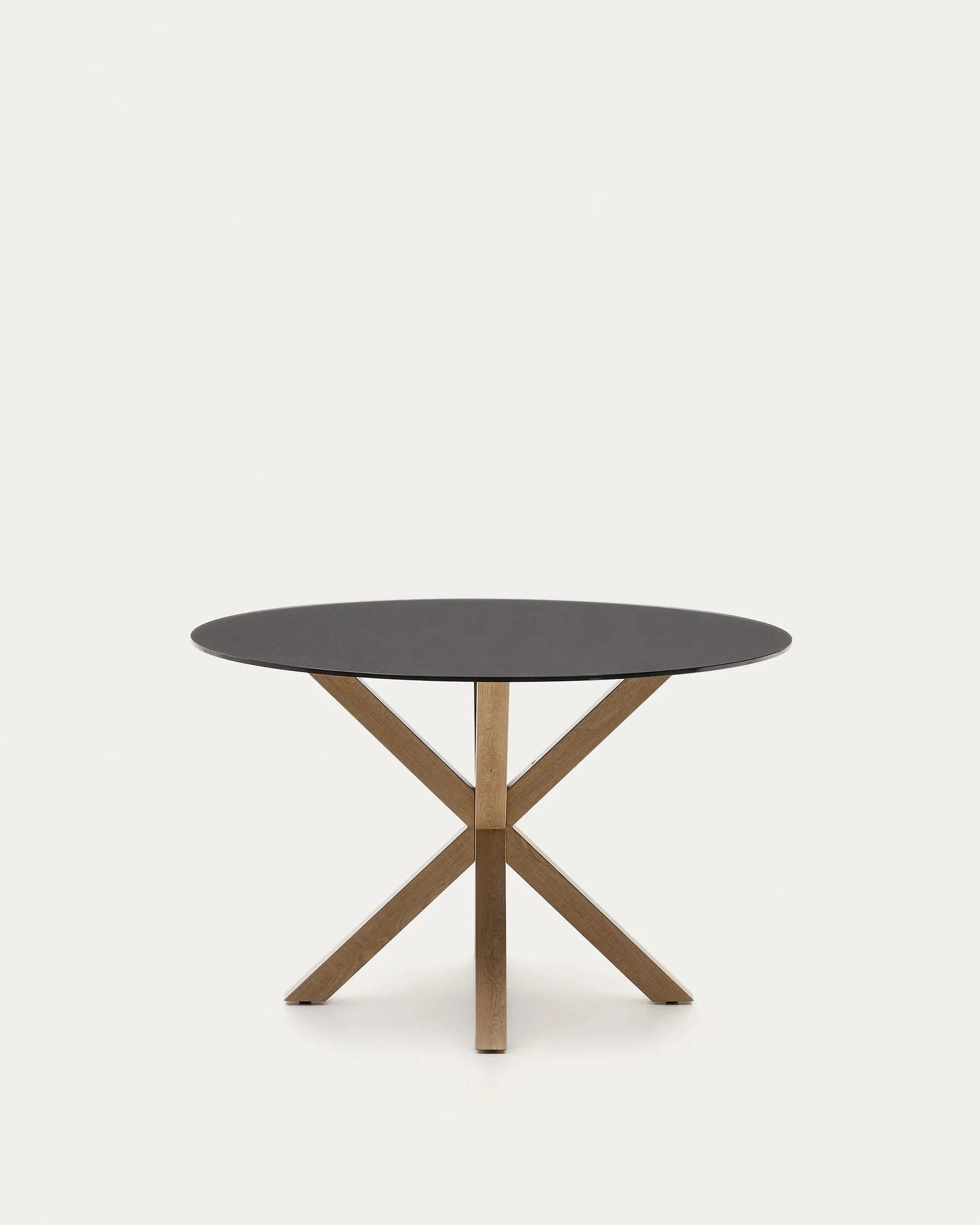 Runder Tisch Argo mit schwarzer Milchglasplatte und Stahlbeinen in Holzoptik, Ø 120 cm, modernes Design von Kave Home.